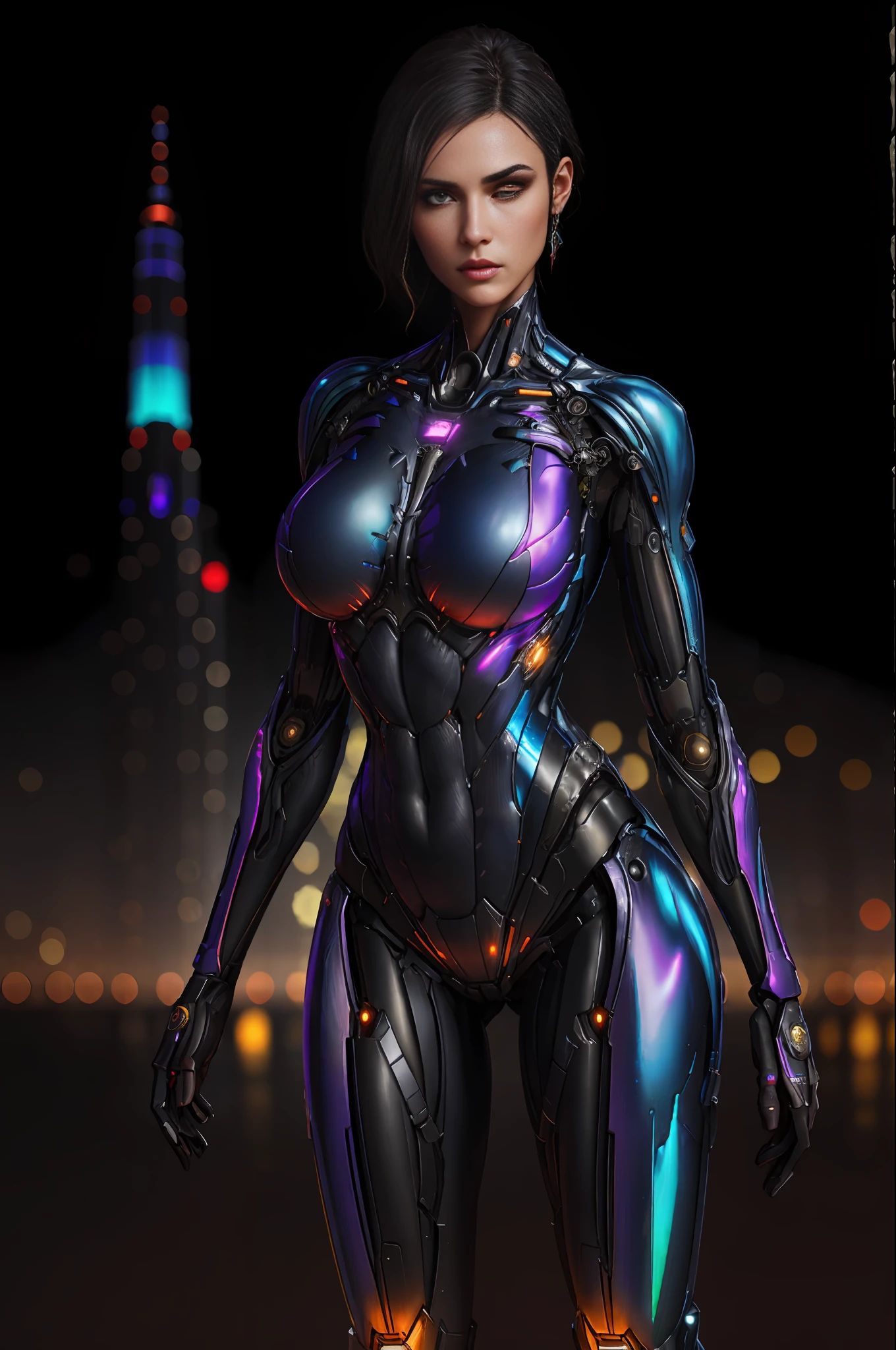 RAW, 1girl, colorful, full body shot, holographic nanosuit, (masterpiece, best quality), (detailed skin:1.3, detailed face:1.3), dslr, realistic, looking at viewer, sharp focus, delicate, soft colors, cinematic lighting, lean girl, large breasts:1.4, dark background, citiscape in the background, bokeh