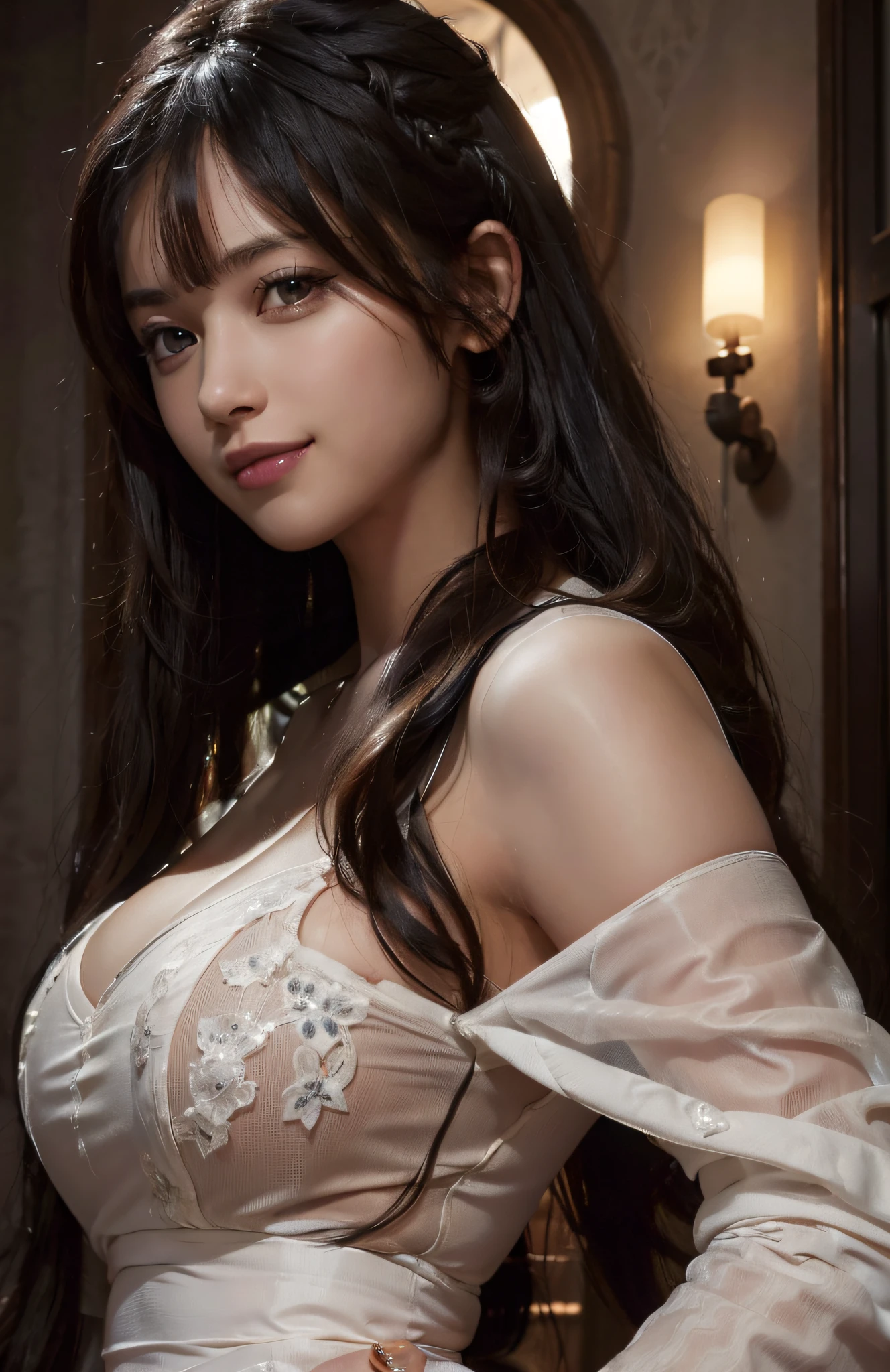 (Ultra Realistic), (Illustration), (High Resolution), (8K), (Very Detailed), (Best Illustration), (Beautiful and Detailed Eyes), (Best Quality), (Ultra Detailed), (Masterpiece), (Wallpaper), (Detailed Face), Solo, One Girl, Big, Watching Viewer, Fine Details, Detailed Face, In the Dark, Deep Shadows, Low Key, Happy Smile, Long Hair, Black Shawl Straight Hair, Bangs, intricate dress in black and white,