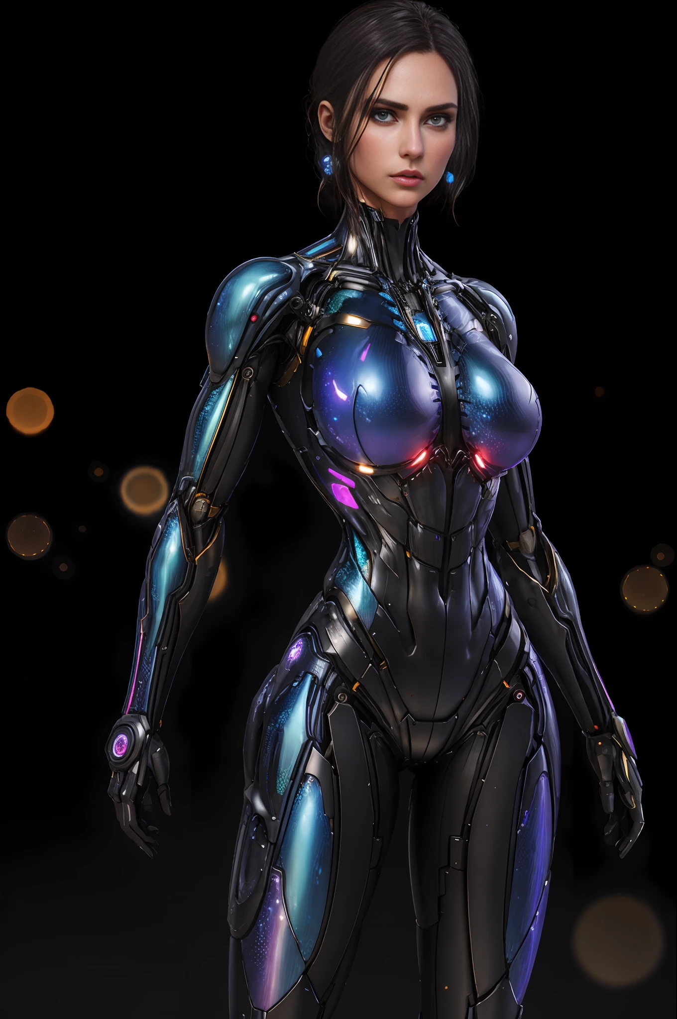 RAW, 1girl, colorful, full body shot, holographic nanosuit, (masterpiece, best quality), (detailed skin:1.3, detailed face:1.3), dslr, realistic, looking at viewer, sharp focus, delicate, soft colors, cinematic lighting, lean girl, large breasts:1.4, dark background, citiscape in the background, bokeh