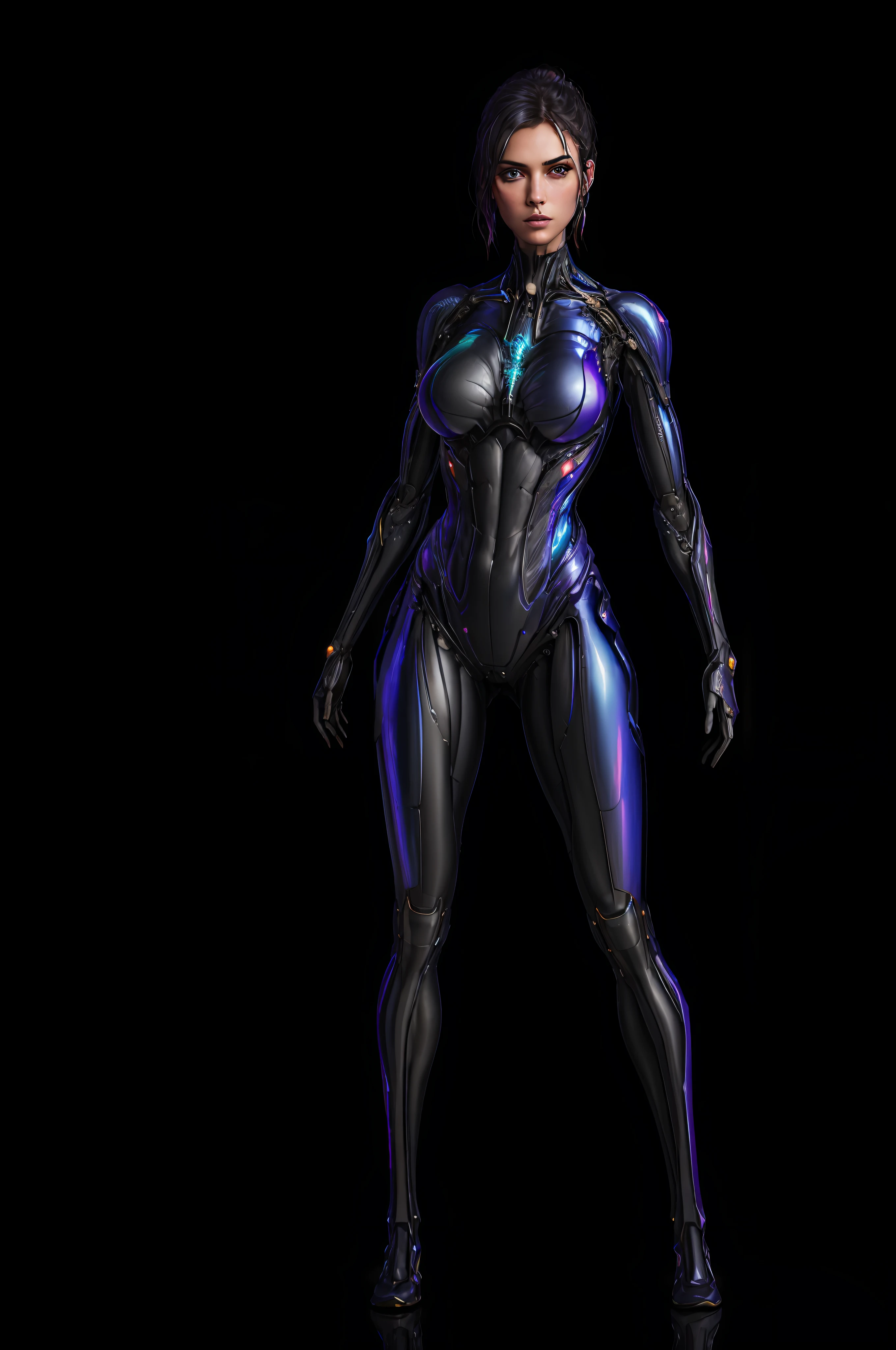 RAW, 1girl, colorful, full body shot, holographic nanosuit, (masterpiece, best quality), (detailed skin:1.3, detailed face:1.3), dslr, realistic, looking at viewer, sharp focus, delicate, soft colors, cinematic lighting, lean girl, large breasts:1.2, dark background, citiscape in the background, bokeh