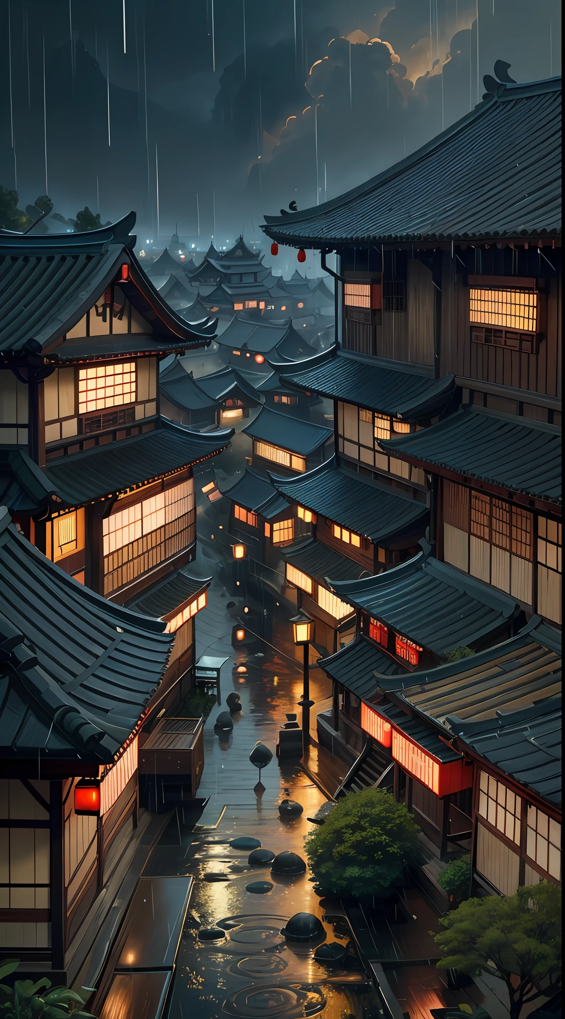 arafed view of a village with a lot of lights on the buildings, dreamy chinese town, chinese village, amazing wallpaper, japanese town, japanese village, hyper realistic photo of a town, old asian village, japanese city, by Raymond Han, rainy evening, cyberpunk chinese ancient castle, beautifully lit buildings, at evening during rain, beautiful and aesthetic, photography, cinematic, 8k, high detailed ((Heavy rain)))