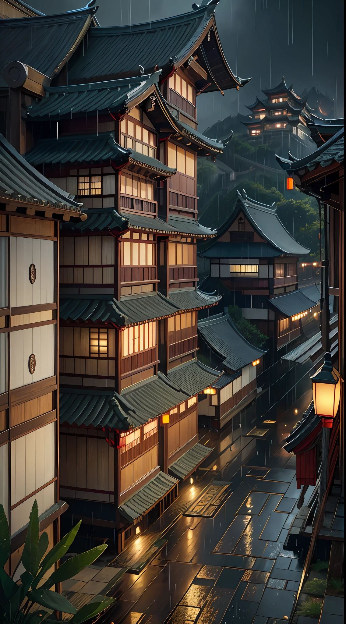arafed view of a village with a lot of lights on the buildings, dreamy chinese town, chinese village, amazing wallpaper, japanese town, japanese village, hyper realistic photo of a town, old asian village, japanese city, by Raymond Han, rainy evening, cyberpunk chinese ancient castle, beautifully lit buildings, at evening during rain, beautiful and aesthetic, photography, cinematic, 8k, high detailed ((Heavy rain)))