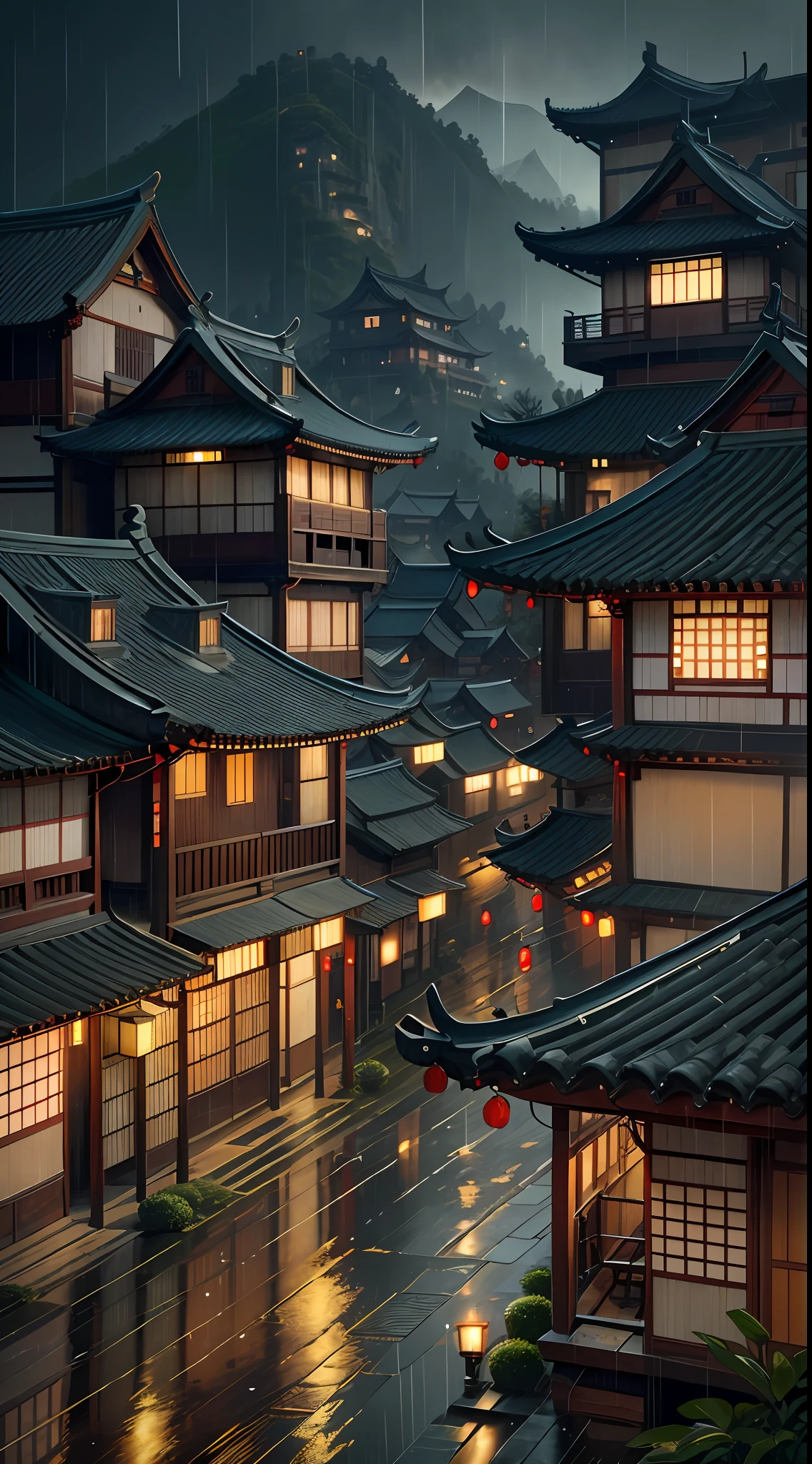 arafed view of a village with a lot of lights on the buildings, dreamy chinese town, chinese village, amazing wallpaper, japanese town, japanese village, hyper realistic photo of a town, old asian village, japanese city, by Raymond Han, rainy evening, cyberpunk chinese ancient castle, beautifully lit buildings, at evening during rain, beautiful and aesthetic, photography, cinematic, 8k, high detailed ((Heavy rain)))