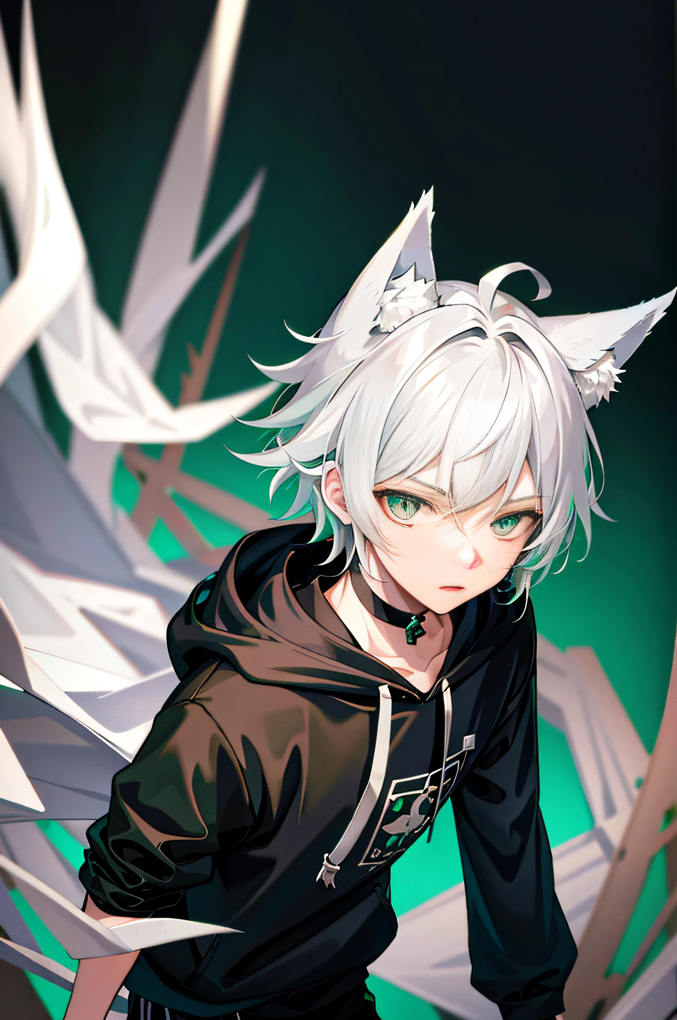 1 boy, silver hair, green eyes, wolf ears, wolf tail, androgynous, black pants, forest, vibrant, hd, best quality, black hoodie with blurred background, standing, solid background,