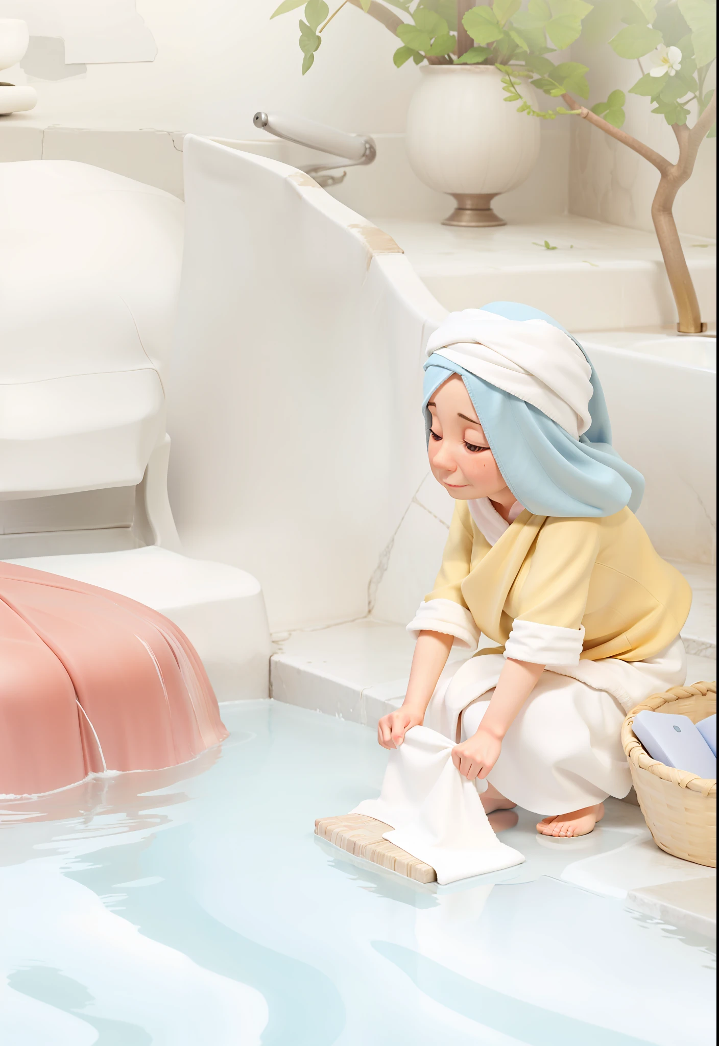 Elderly woman with towel wrapped around her head