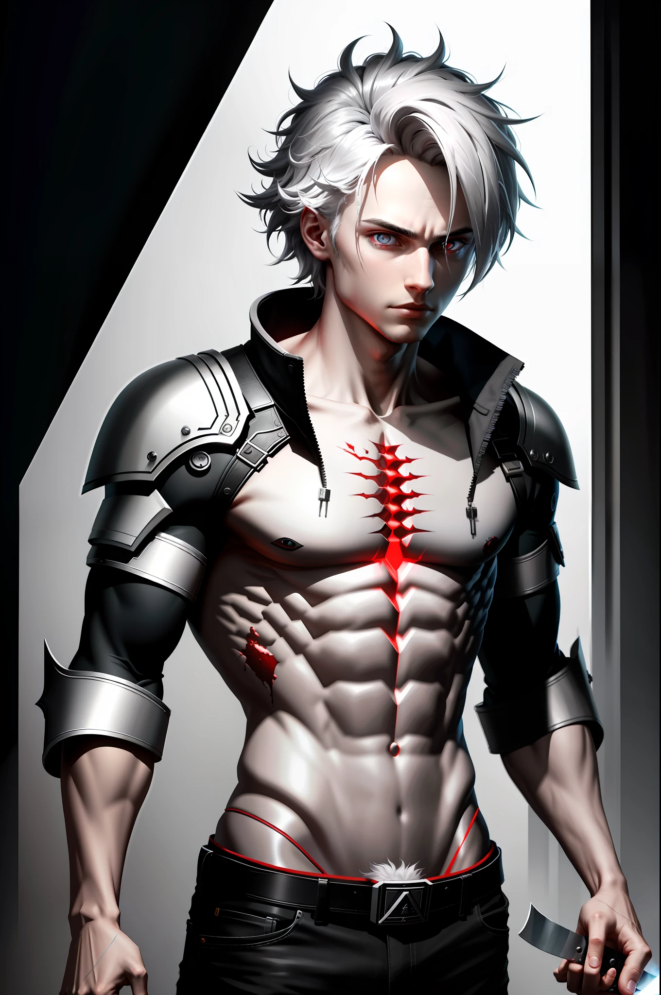 A man in his 20s emerged from a raging flame, Naked upper body with dark red lines, Hands on sides of the body and long knives, The tip of the knife points to the ground, messy hair, hair strand, hair over one eye, silver hair, mismatched pupils, glaring, bloodshot eyes, serious, turn pale, expressionless, cinematic lighting, optical illusion, first-person view, f/2.8, UHD, textured skin, high details, highres, best quality, high quality