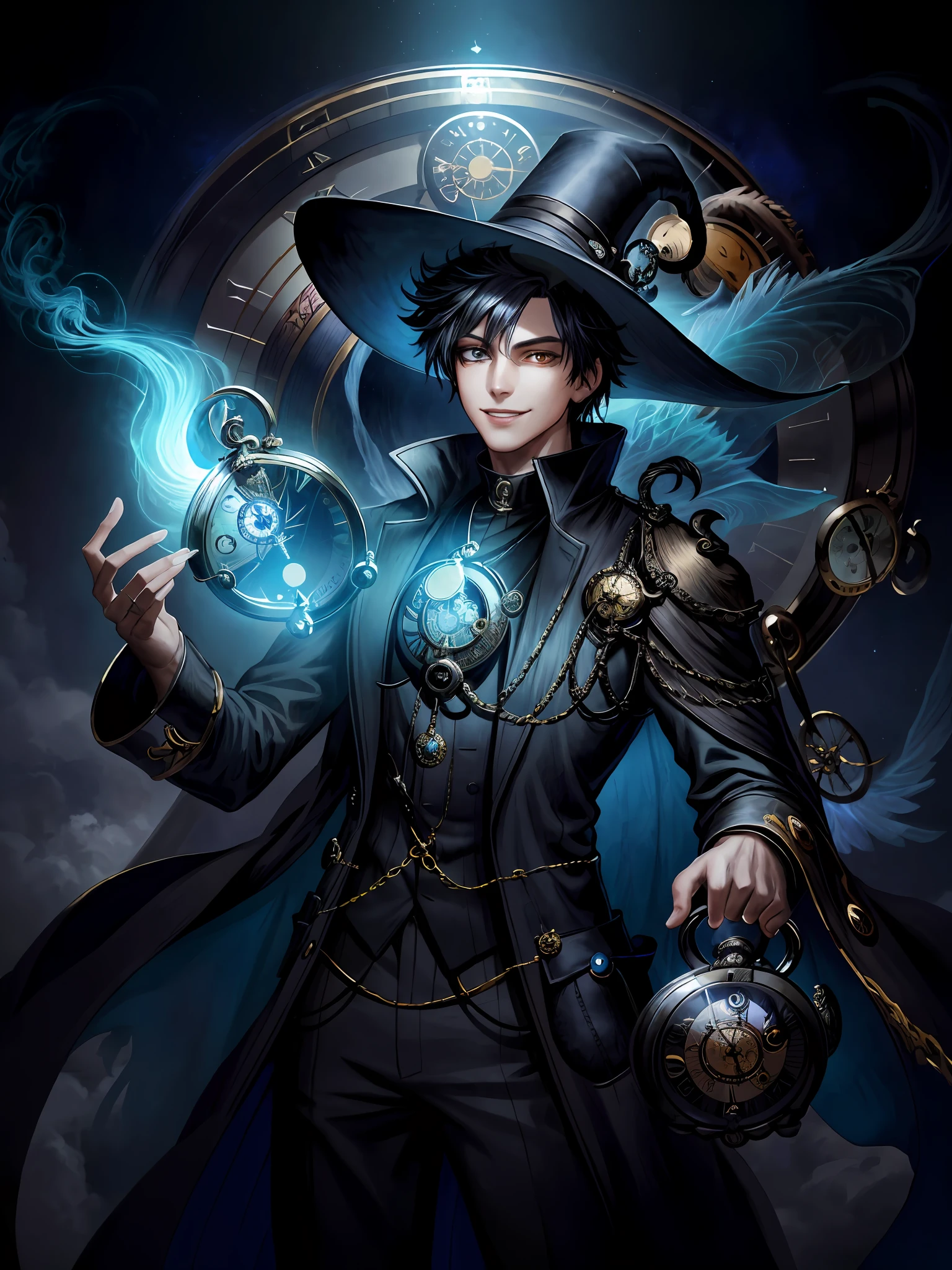 A stunning digital artwork in the 2.5D style brings to life the mysterious and enchanting theme of a young man in his early 20s. He is dressed in black mage clothes, complete with a pointed hat, exuding an aura of mystique. With a playful smile on his lips, he adjusts his monocle, the light reflecting off its surface adding to the intrigue. Behind him looms a giant pocket watch, shrouded in ethereal fog, further enhancing the enigmatic atmosphere. The close-up composition allows viewers to appreciate the intricate details of the character and the mesmerizing blend of digital art techniques. This artwork is a true masterpiece, captivating and inviting viewers to delve into a world of wonder. (stunning, mysterious, enchanting), (black mage clothes:1.3), (pointed hat:1.2), (playful smile:1.3), (adjusting monocle:1.4), (giant pocket watch:1.5), (ethereal fog:1), (intricate details:1), (mesmerizing blend of digital art techniques:1.5),