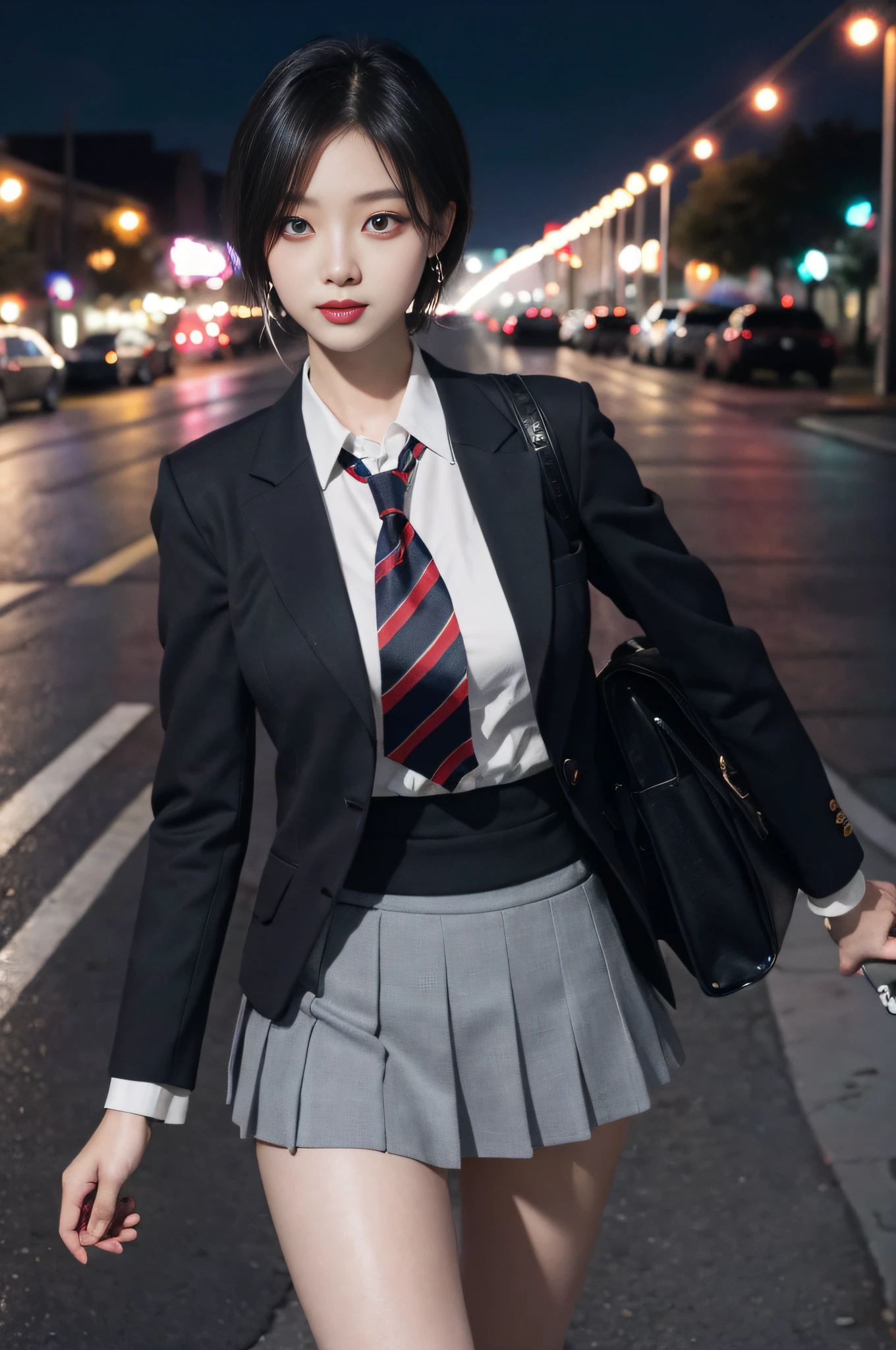 8K RAW photos, high resolution, 21 year old cool Korean, big round breasts, school uniform, tie, tie ribbon, blazer, skirt, beautiful eyes in detail, long eyelashes, beautiful double eyelids, eye shadow, slit eyes, sanpaku eyes, dark eye makeup, evil smile, beautiful thin legs, short hair tied at the back, earrings, night downtown, night boulevard, walking the dog