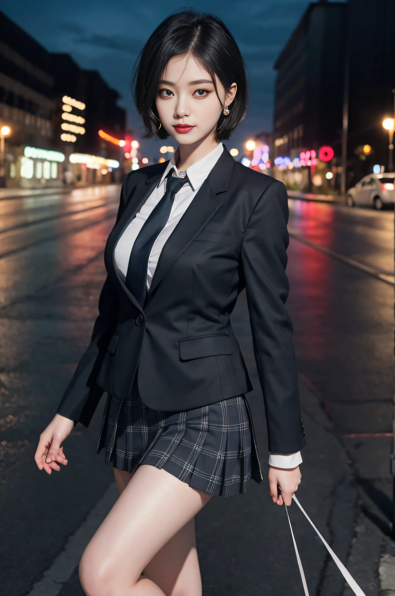 8K RAW photos, high resolution, 21 year old cool Korean, big round breasts, school uniform, tie, tie ribbon, blazer, skirt, beautiful eyes in detail, long eyelashes, beautiful double eyelids, eye shadow, slit eyes, sanpaku eyes, dark eye makeup, evil smile, beautiful thin legs, short hair tied at the back, earrings, night downtown, night boulevard, walking the dog