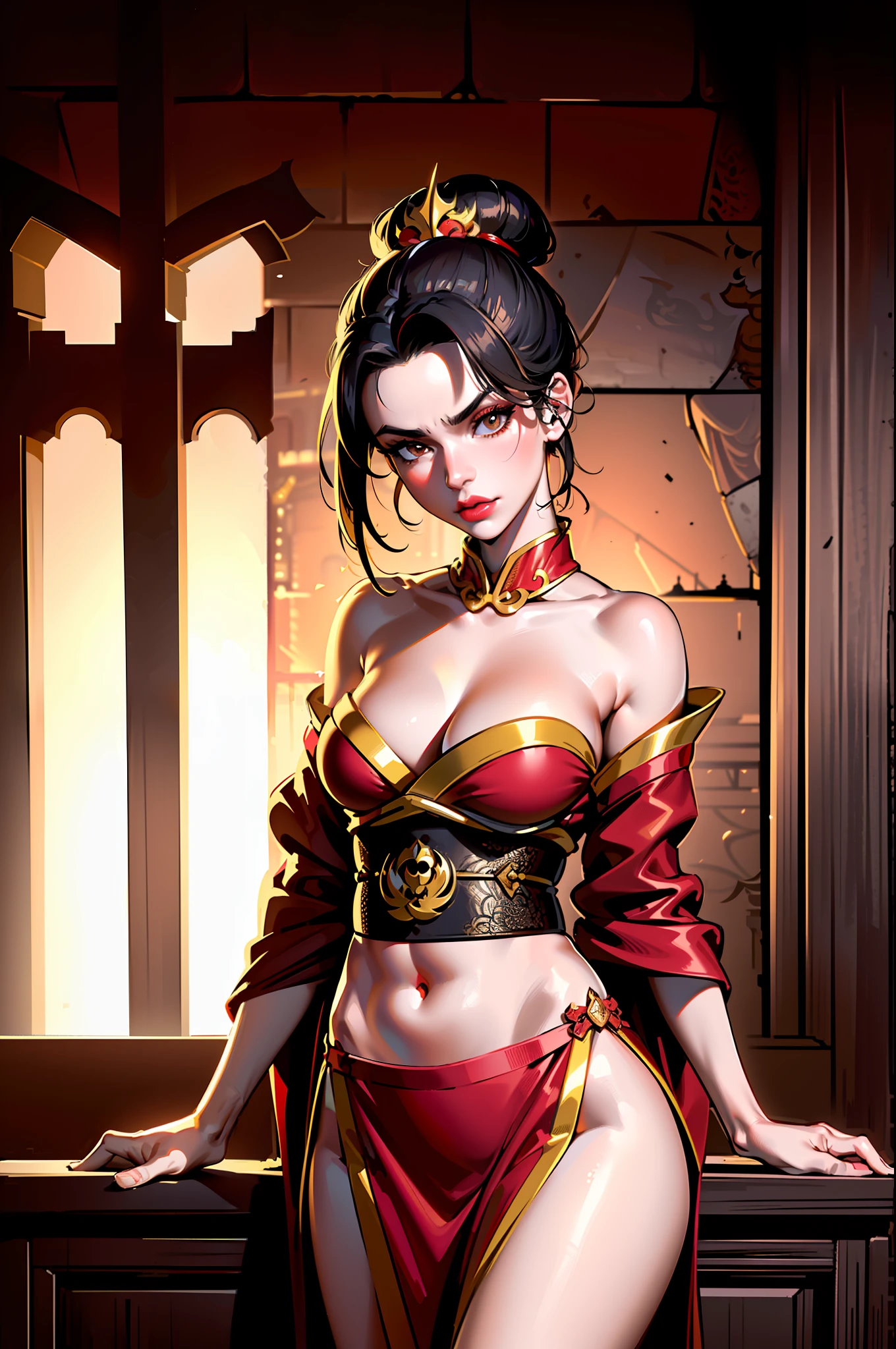 ultra-realistic 8k CG, masterpiece, ((ultra detailed background, fine drawing, intricate details, high detail, better quality fine details, hyper-detailed face)), (photorealistic: 1.4), beautiful lighting, absurdity, RAW photo, film grain, Azula, 1girl, solo, black hair, brown eyes, makeup, lipstick, red lips, single hair bun, navel, side strands, hair decoration, ((medium breasts, slim girl)), ((open kimono, Chinese clothing)), ((intricately detailed background, inside, dim lighting, moody lighting, inside the castle, castle wall, inside, medieval castle environment))