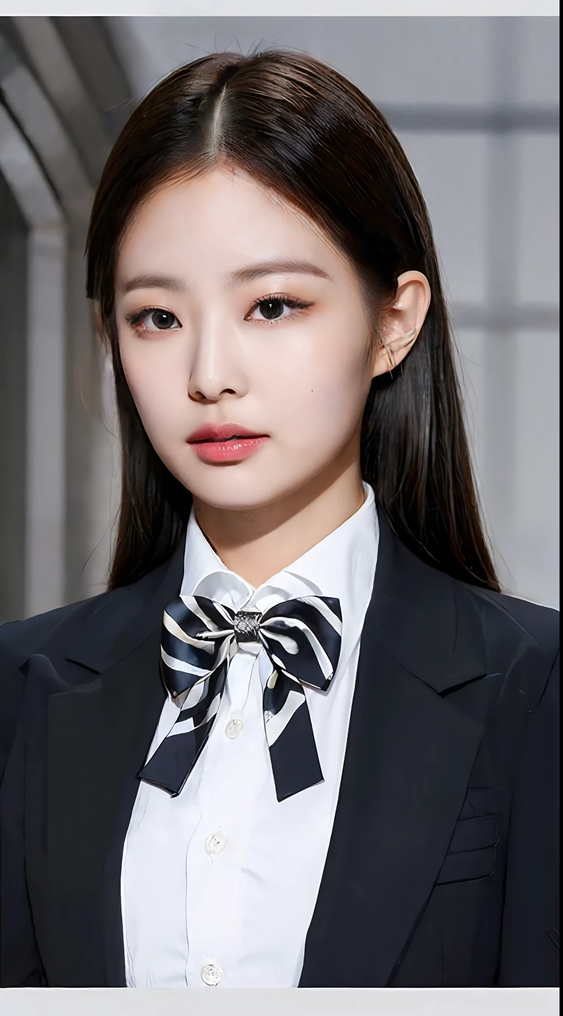 A woman with a black and white bow tie around her neck, a black jacket over her shoulders, and a white shirt on her chest