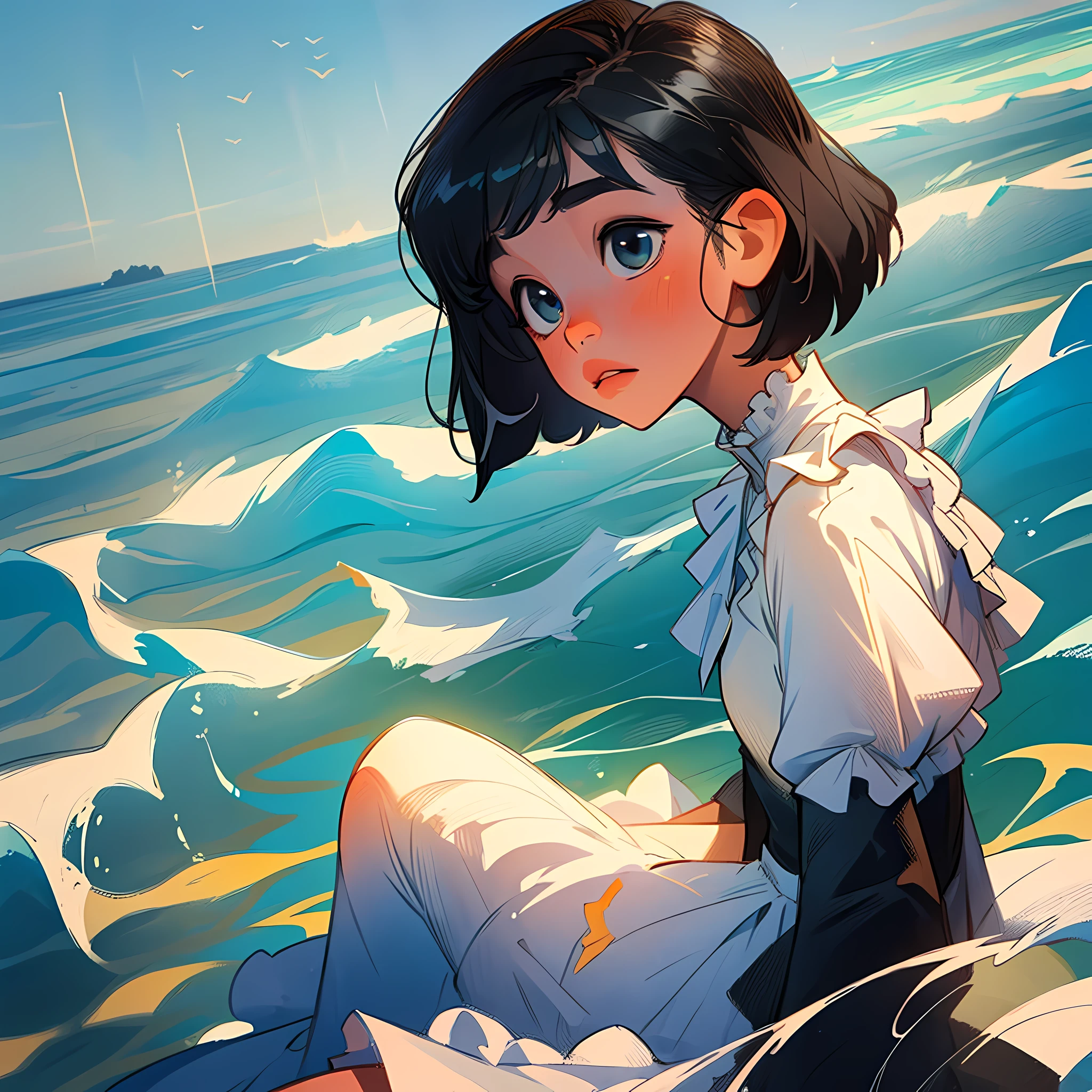 masterpiece, best quality, 1girl, upper body, sitting, swept bangs, short hair, , black hair, dress, frills, outdoors, horizon, sky, ocean, water, water world, waves, ripples, ,