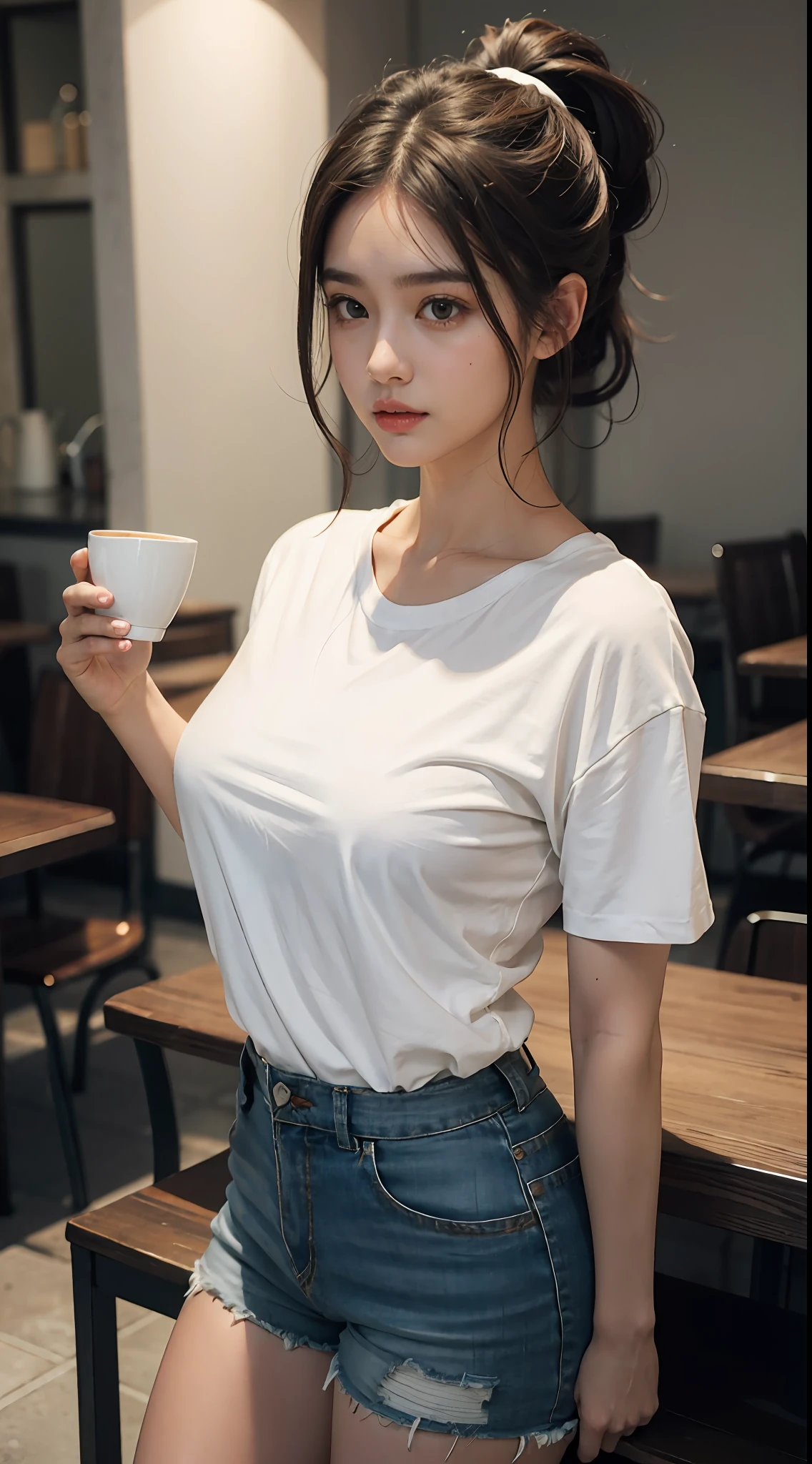 1 pretty girl, white skin, brown hair, white shirt, shorts, looking at the audience, ponytail, café, brown eyes, realistic, curvaceous pose, medium chest