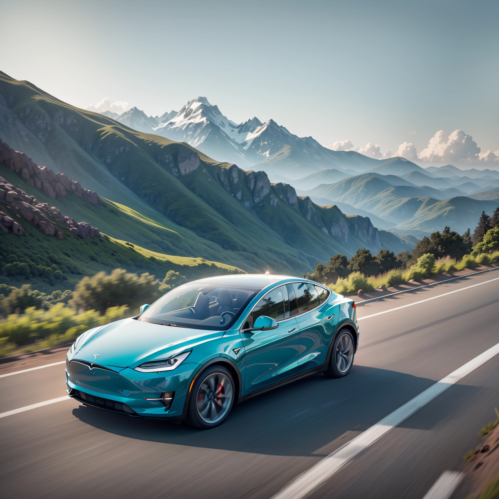 Low-angle shooting, a sky-blue Tesla Model Y speeding on a mountain road (motion blur), green mountains in the distance, top side light, motion picture film P30 --auto --s2