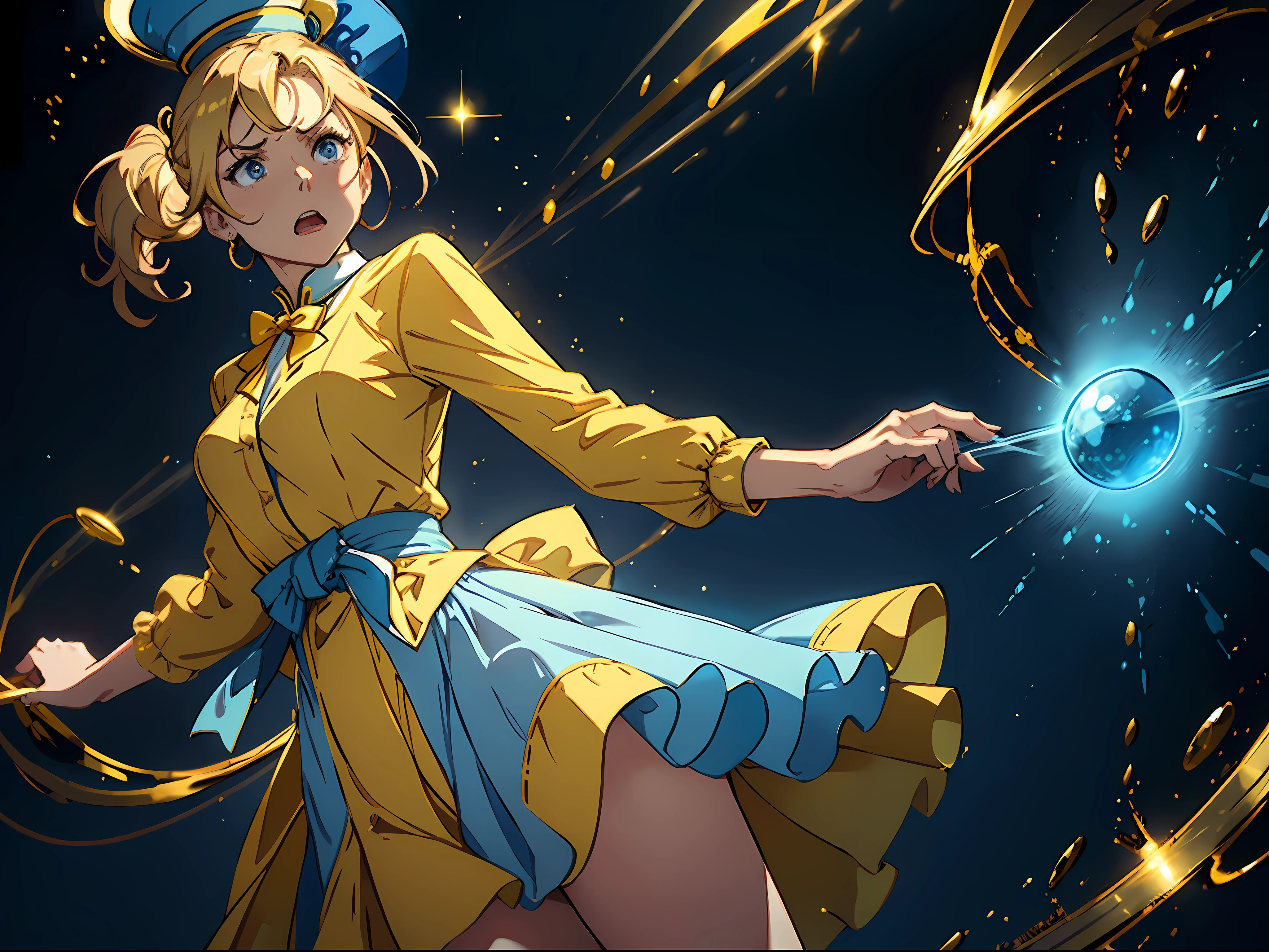 1 woman, golden double ponytail, light blue dress, bright yellow tunic around the waist, tied into an exaggerated bow at the back, a round gemstone pinned to the chest, wearing a small top hat, suspended in the air, angry expression, surrounded by blue qi waves, surrealism