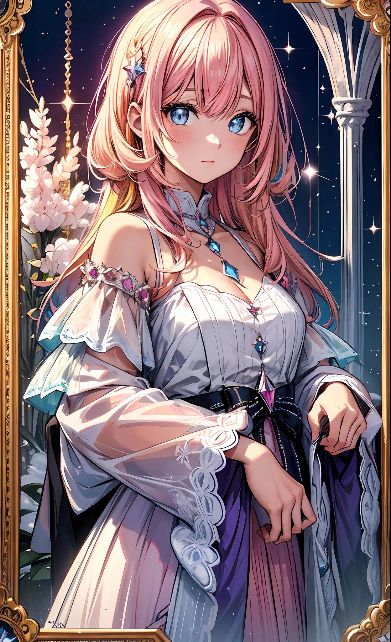 (Masterpiece, Top Quality, Best Quality, Official Art, Beautiful and Aesthetic: 1.2), (Hinoki Cypress Wood Box resembles glass case, with field of snow image),sitting cute girl with (((Blonde and Pink Hair), Purple Clear Eyes,Layered Bob,saxeblue underwear)), on the (crystal shellfish:1.2),((Beautiful, detailed eyes, jewel-like eyes, colorful eyes, sparkling eyes:1.3))