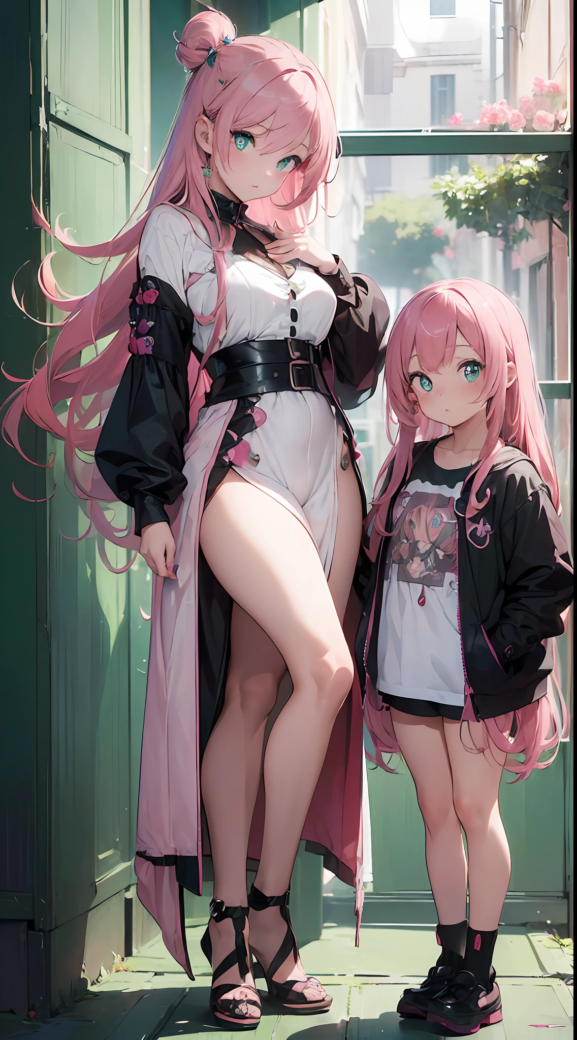 (((Masterpiece)), Full Body ((Super detail, top quality, high resolution, 8k wallpaper)) (mother and child) (pink hair, long hair, straight hair, two sides up)) (green eyes), eyeshadow, eyeliner, glow eyes, hyper detail eyes, complex eyes, beautiful eyes, (glowing pink pupils))