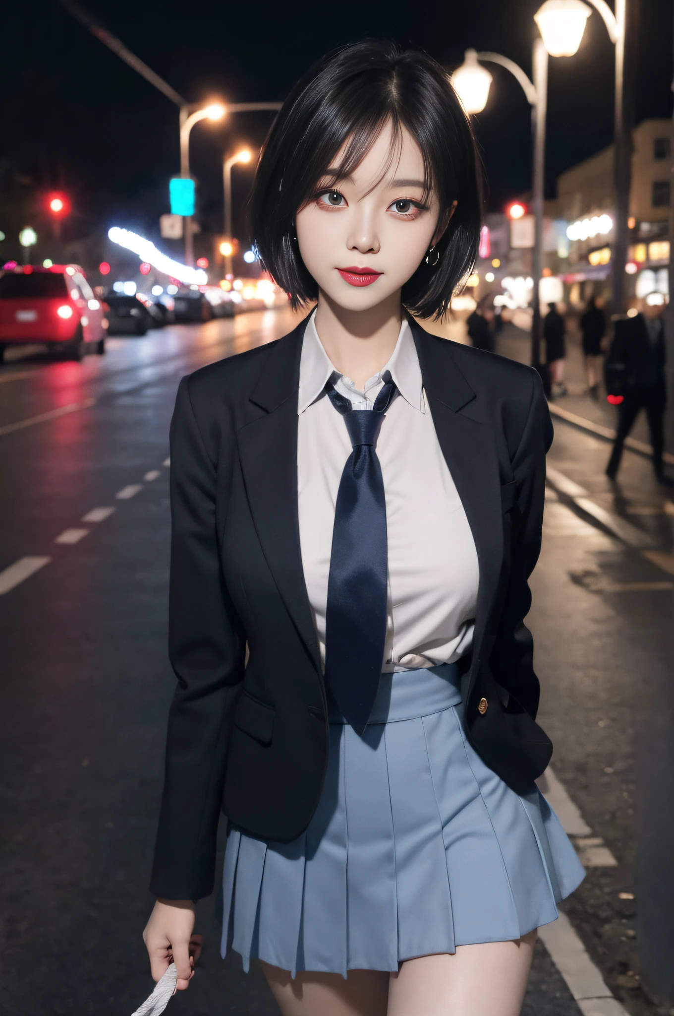 8K RAW photos, high resolution, 21 year old cool Korean, big round breasts, school uniform, tie, tie ribbon, blazer, skirt, beautiful eyes in detail, long eyelashes, beautiful double eyelids, eye shadow, slit eyes, sanpaku eyes, dark eye makeup, evil smile, beautiful thin legs, short hair tied at the back, earrings, night downtown, night boulevard, walking the dog