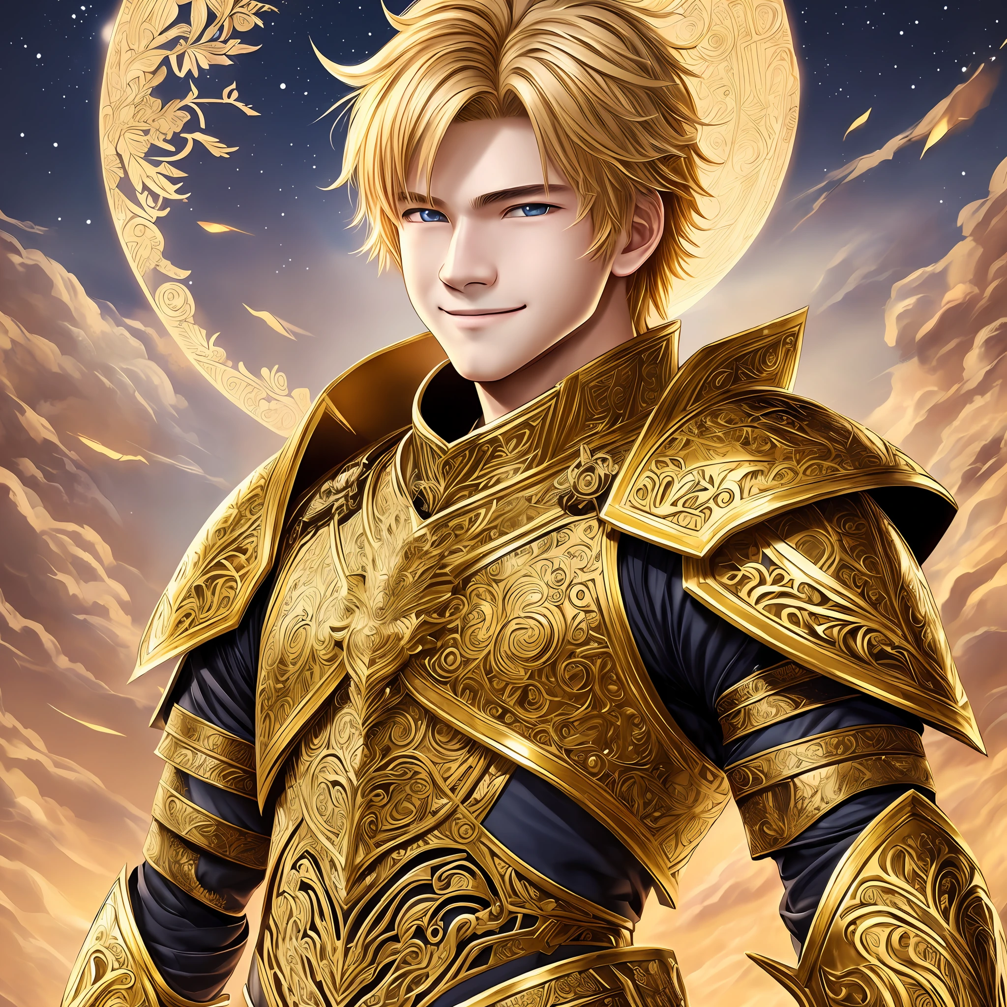 ((masterpiece, best quality, highest quality, illustration, intricate details)),1boy,smile,armor,golden hair,马尾辫,夜晚,星空,景深,户外, --auto --s2