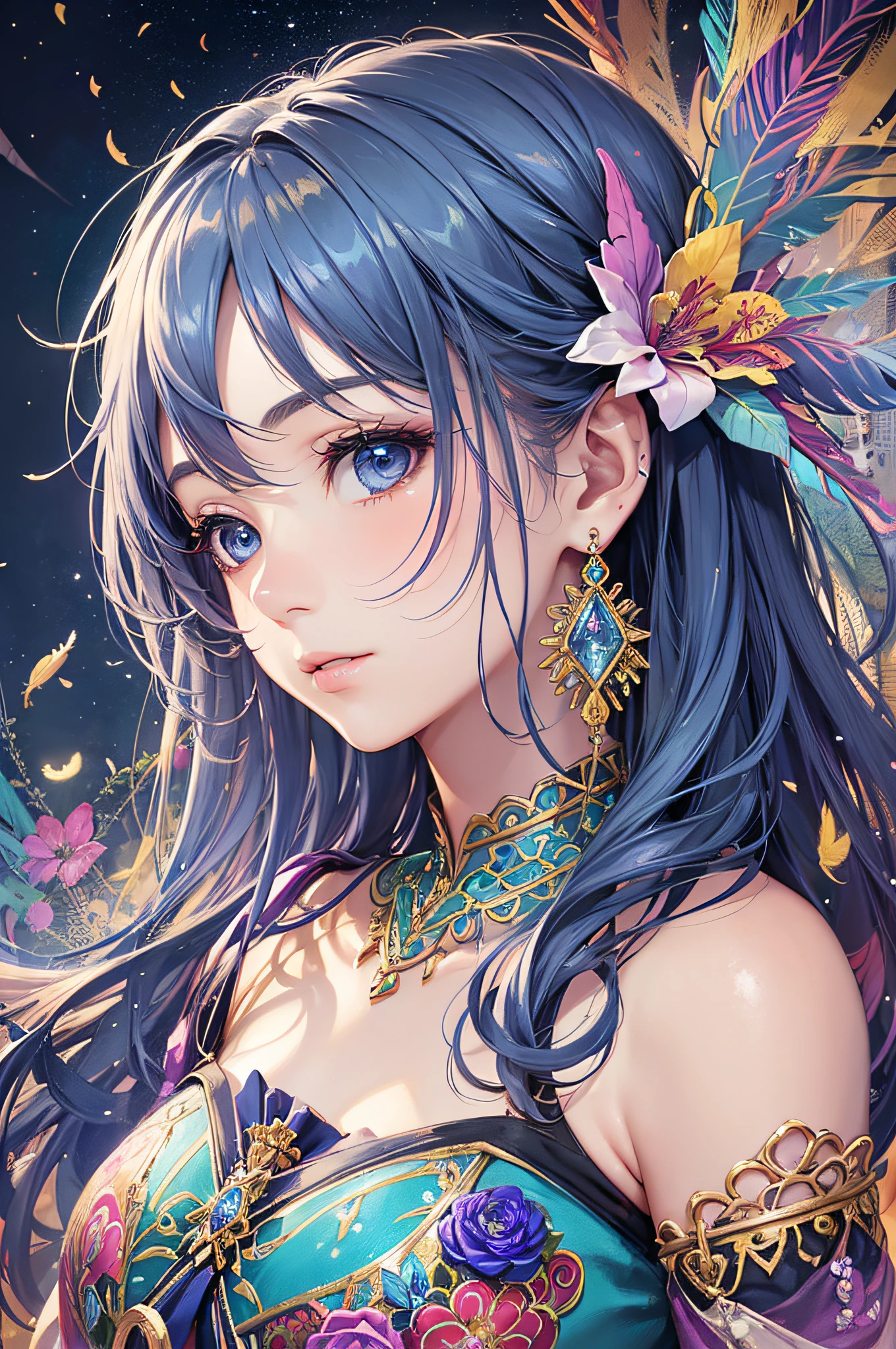 Various angles, gentle look, soft look, kind eyes, small breasts, bare shoulders, indigo hair, colored feathers, metal ornaments, colored flowers, particles, rays, (masterpiece, highest quality, highest quality, official art, beautiful and aesthetic: 1.2), (1 girl: 1.3), highly detailed, (fractal art: 1.1), (colorful: 1.1) (flower: 1.3), best detail, (Zentangle: 1.2), (Dynamic Pose), (Abstract Background: 1.3), (Glossy Skin), (Many Colors: 1.4), (Earrings: 1.4), (Feathers: 1.4)