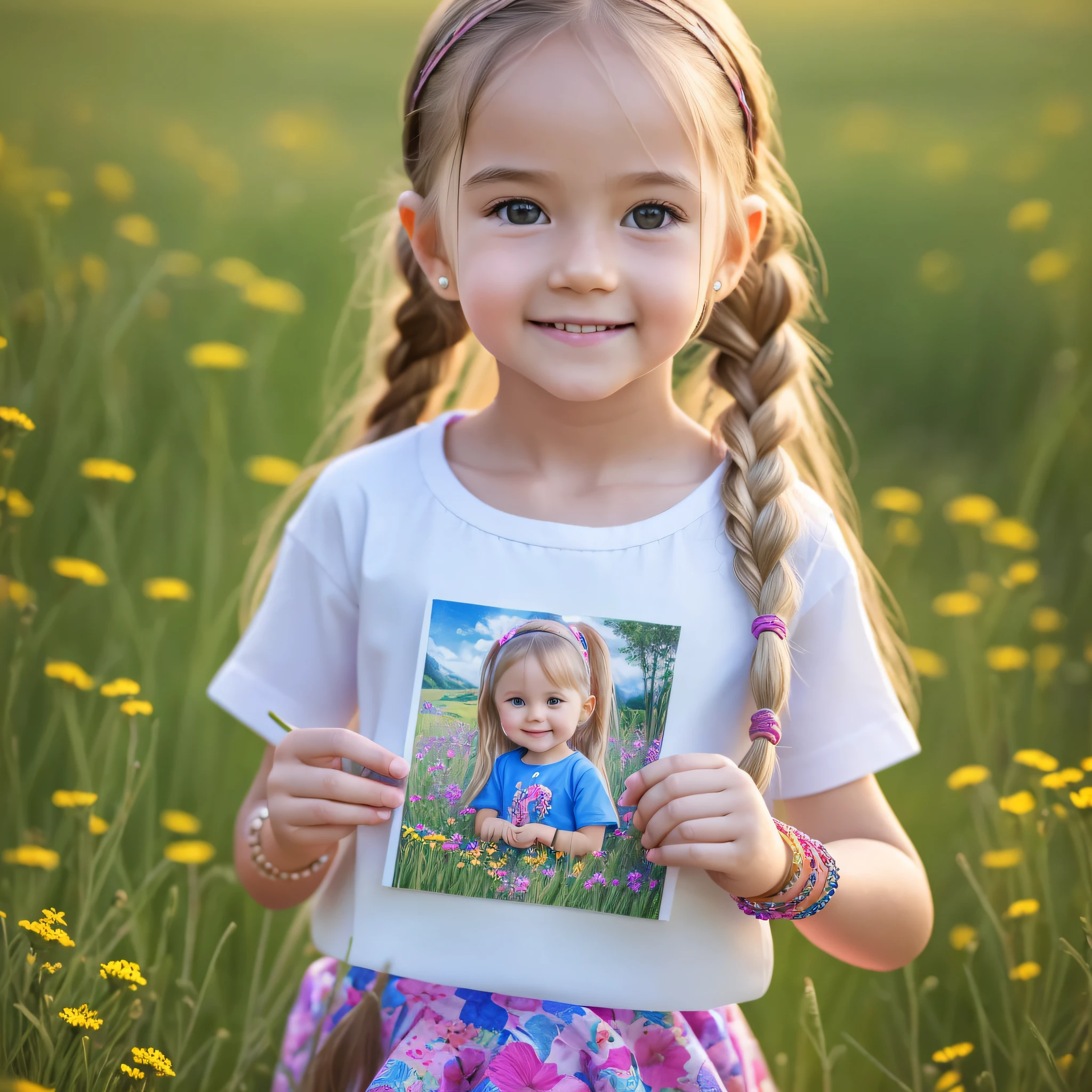 Realist portrait of a 6 girl ((white skin)) cute, cute smile, (holding a 16-inch drawing board), wearing colorful t-shirt and short skirt, trendy fashion, long hair braid, (((bracelet)), grassy wildflowers in background, medium scene, detailed facial details, perfect face, clarity, trendy art, sharp facial details, super fine details, 4k, 8k lighting smooth, --ISO 100 dreamy, fashion-- --auto --s2