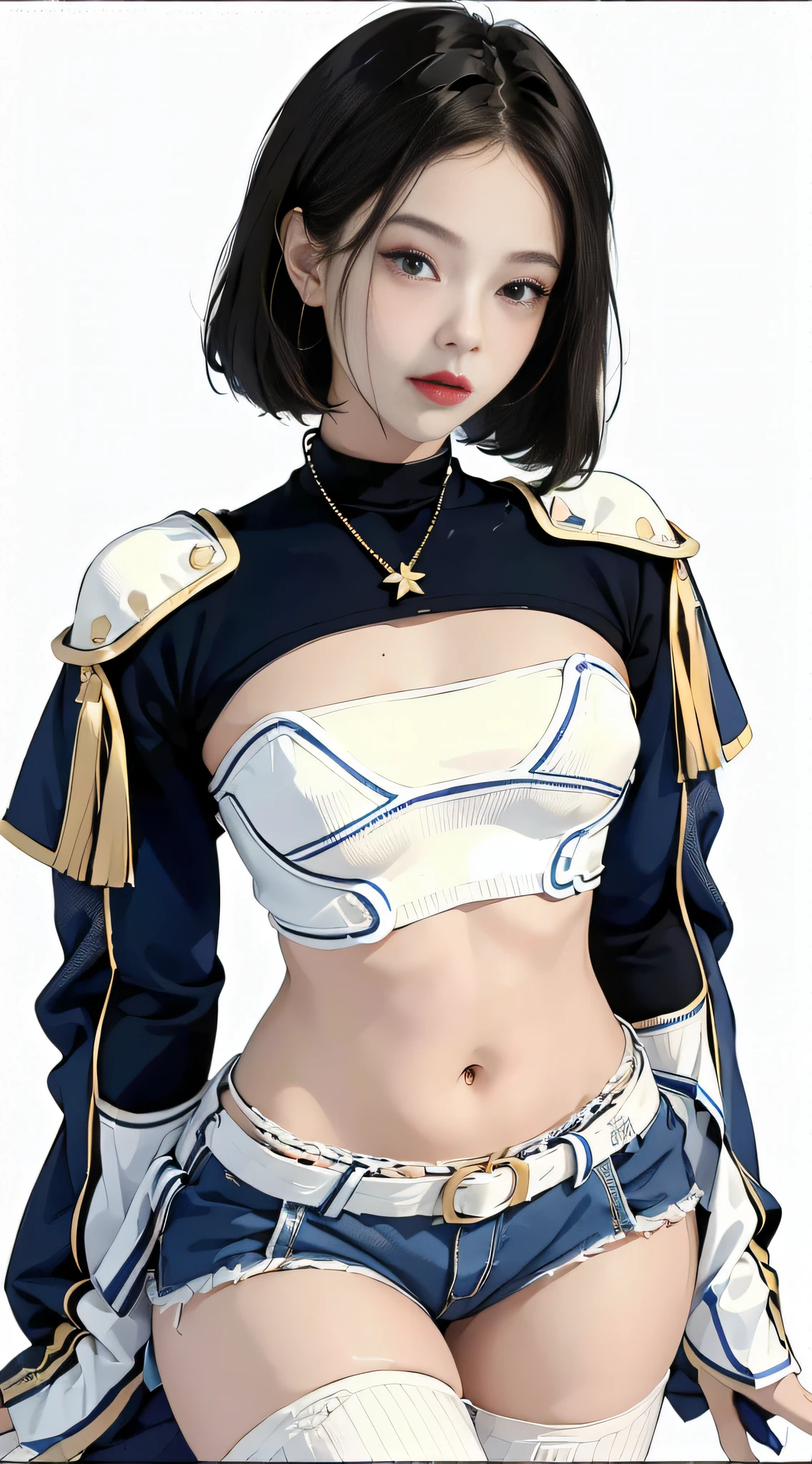 (1 girl one girl:1 girl.3 girls), solo,_Kim Ji-ni Jennie face,Wear a royal blue armband sweater,Short model,White bandeau inside,blue shorts,,sex appeal,cuteness,white legwear,White wall,,FULL-bodyphoto,looks at the viewer,World-weary face,Indifferent eyes,Korean style
