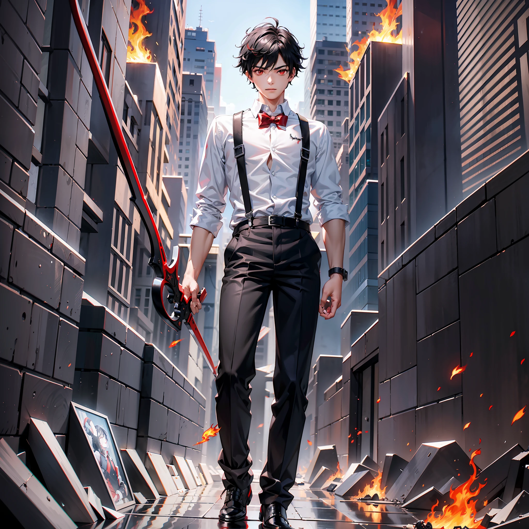 Excellent, masterpiece, 18-year-old boy, teenager, black broken hair, red eyes, suspenders, uniform figure, sickle, white flame, extremely complex scene, full body picture
