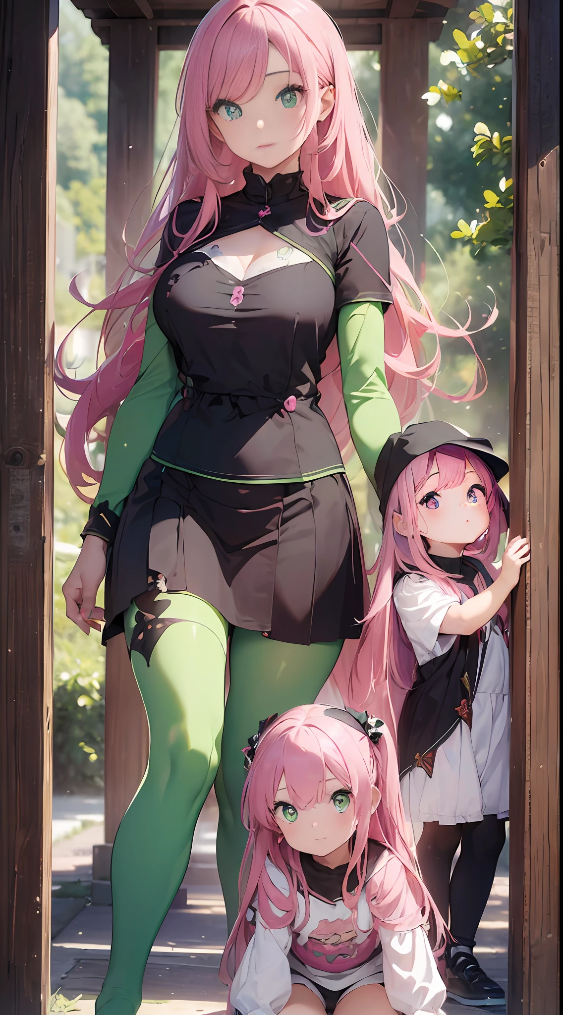 (((Masterpiece)), Full Body ((Super detail, top quality, high resolution, 8k wallpaper)) (mother and child) (pink hair, long hair, straight hair, both sides up)) (green eyes), eyeshadow, eyeliner, glow eyes, hyper detail eyes, complex eyes, beautiful eyes, (glowing pink pupils))