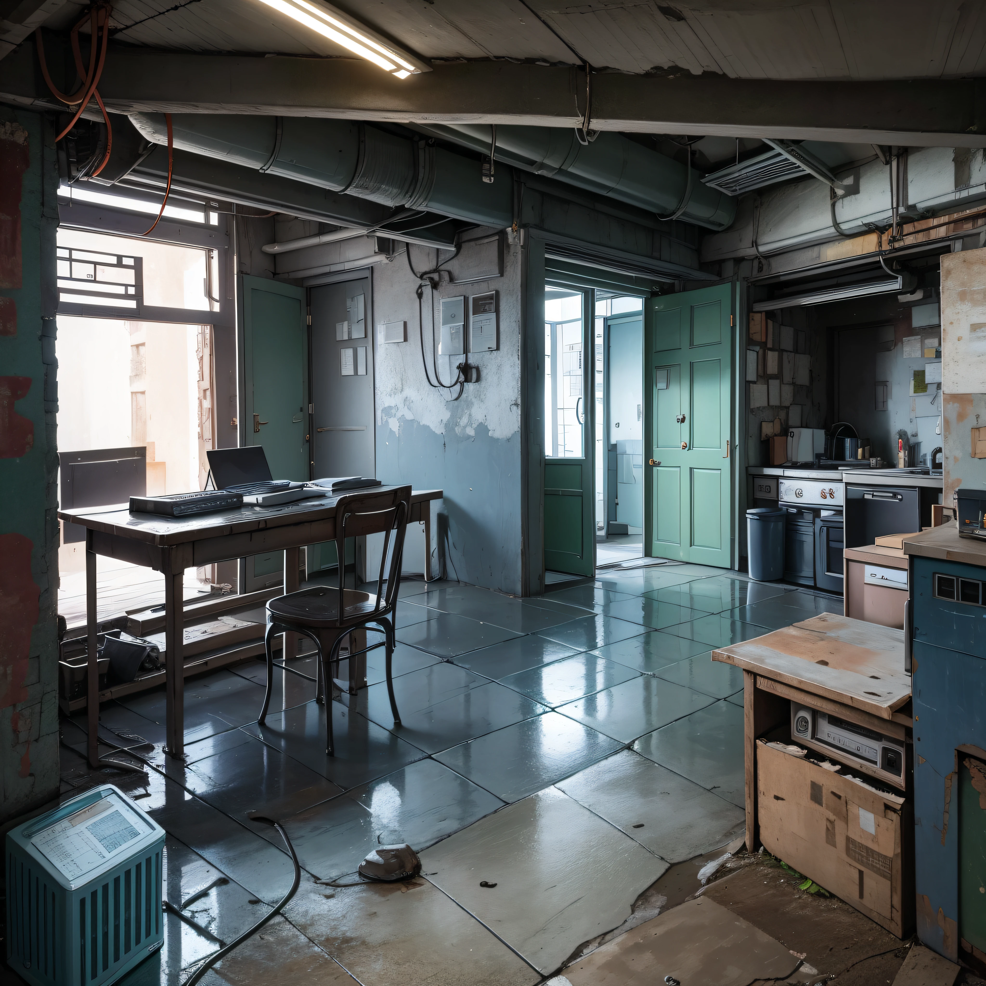 Dojunkai apartment surreal and very detailed illustrations, external perspectives, images with objects very loaded, viewpoints from below, dirty cement stairs with cracks, green trash cans, metal signs, seats, cables, poles, pastel blue telephone boxes, rusty pipes, wall pipes, electricity meters, gray and dark walls, empty boxes, old paper on the floor, painted damaged walls, garbage on the floor, metal and rusty scrap, mechanical parts (rusty, brown), highly detailed advertisements on neon walls, spotlight lights (very shining blue light), artificial and sterile environments, very dark nights, fog and rather thick smoke, very dark landscape shadows, red and green neon lights, snow falling all over the landscape, dampness, puddles reflecting dim ambient light, personal computers, small rooms, bookshelves, desks, PC monitors, kitchens, Trash can, wooden --auto --s2