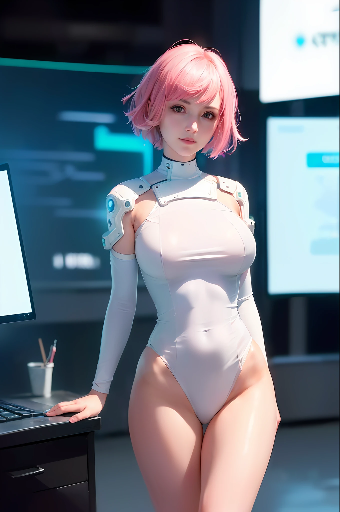 (ultra high res,photorealistic,realistic,best quality,photo-realistic),
(8k, raw photo, best quality, masterpiece),
(photon mapping, radiosity, physically-based rendering,automatic white balance),
technological sense, best quality, masterpiece, illustration,CG ,unity ,wallpaper, official art,
Amazing, finely detail, an extremely delicate and beautiful,extremely detailed,
highly detailed, sharp focus,rich background,blurry background,
(real person,photograph),
(((high detailed skin,visible pores))),1 girl,full body,(((Ghost In The Shell)))
(((face close-up,haunting smile,moist lips))),
((irises and pupils are rounded,the pupil reflects the surroundings,eyes are not the same size)),
((Big eyes,perfect eyes,watery eyes)),
((short hair,pink hair,thick bangs)),
((small breasts)), ((Cyberpunk 2077,Future, City, skyscraper)), (((Neon, Display Screen, Advertising))), Night, Flooding, Reflection,Tight combat uniform, stainless steel,LED,laser,((Data cable, optical fiber, computer,VR)),current, young woman
