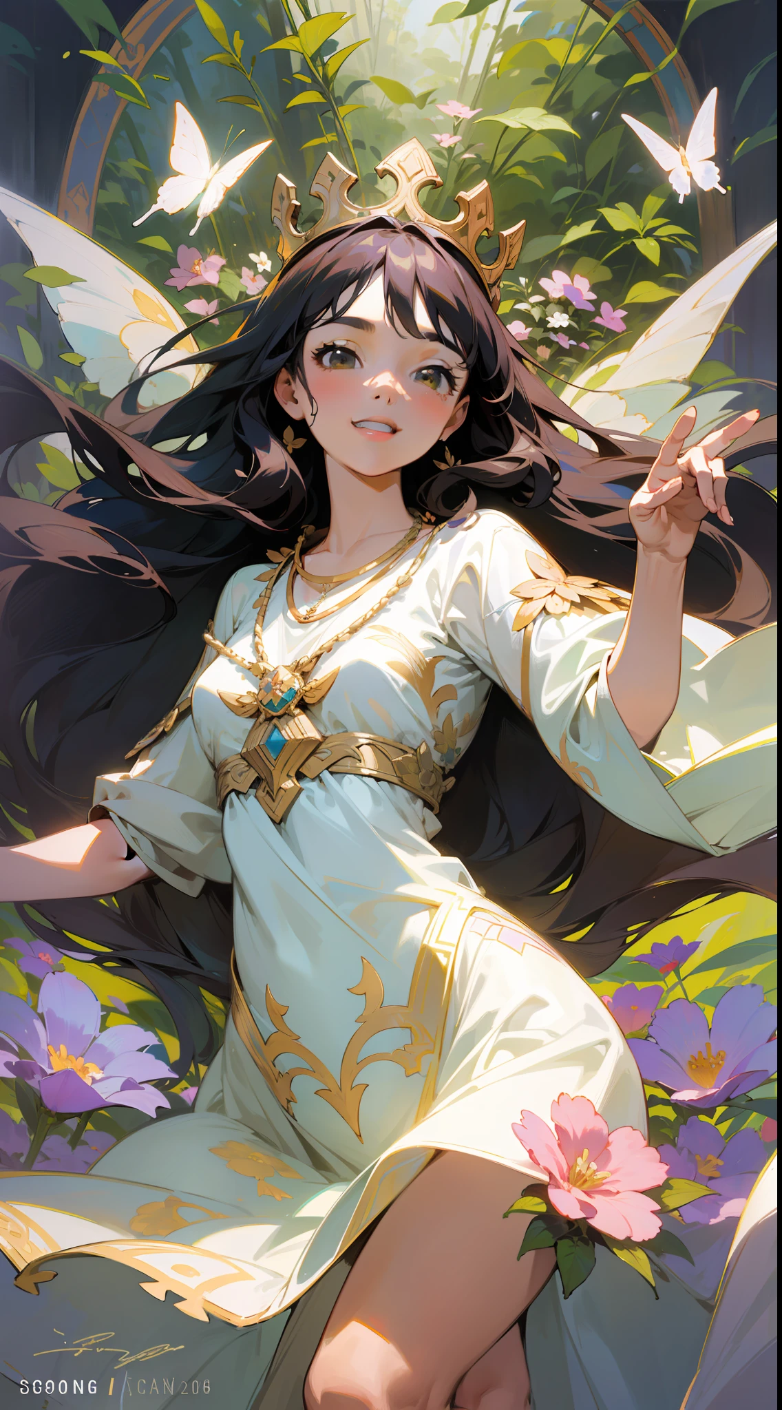 Alpha ounce Mucha, (decorative composition: 1.6), masterpiece, high quality, ((photorealistic)), cinematic direction, (high contrast), depth of field, (award-winning difference photo), face detail, detailed drawing, there is a place in the forest where flowers bloom, girl dancing in a snow-white summer dress in a flower garden, girl is 9 years old, very long hair with black hair, summer sky, summer clouds, (dazzling summer sunshine: 1.4), flower garden, girl with open arms, necklace, crown of flowers, butterflies, fluttering petals, dynamic movement, dancing, smiling, showing teeth,