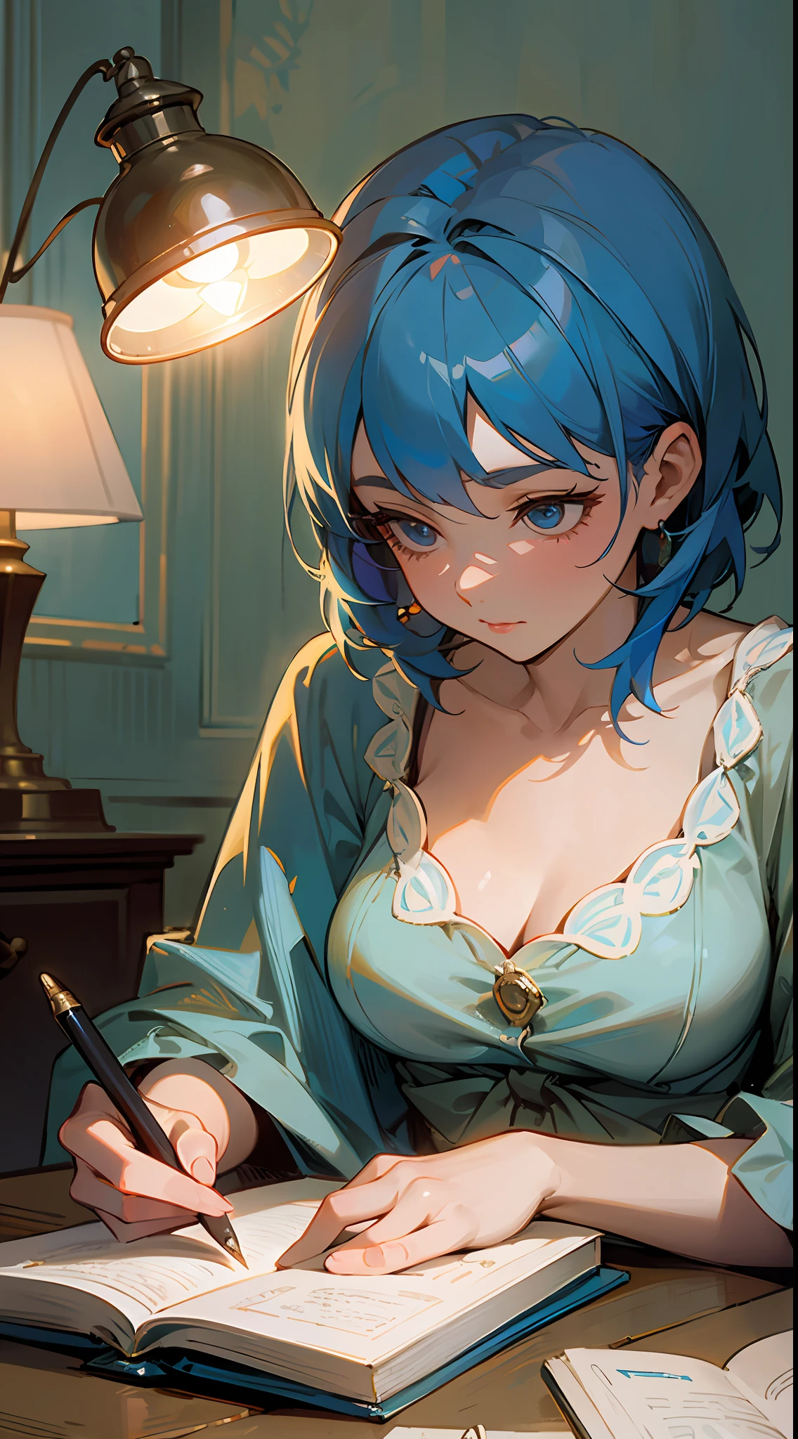 Masterpiece, of the best quality, a blue-haired woman reading a book seriously, at night, in the room, with a lamp, looking down to take notes, Artie Guéran style