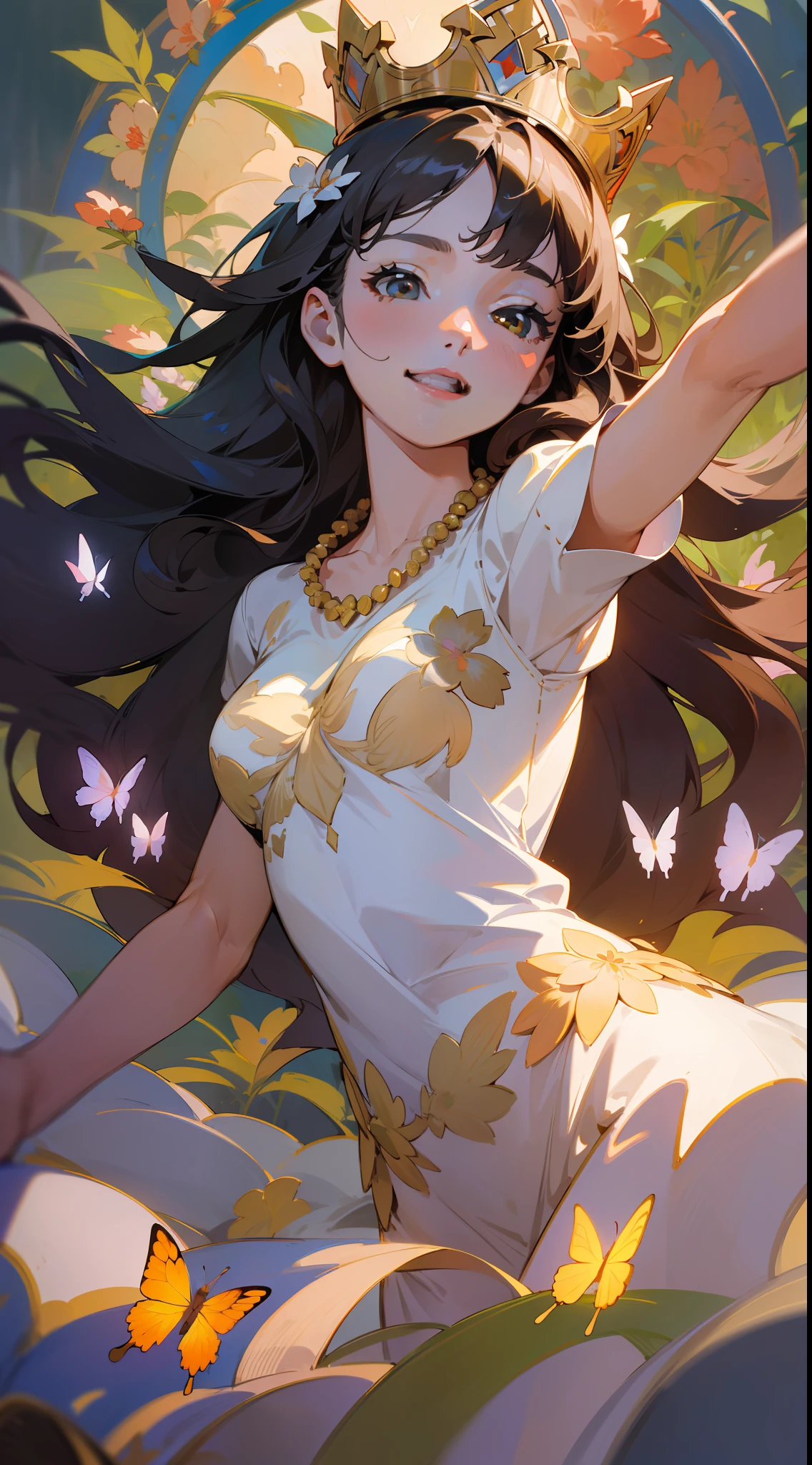 Alpha ounce Mucha, (decorative composition: 1.6), masterpiece, high quality, ((photorealistic)), cinematic direction, (high contrast), depth of field, (award-winning difference photo), face detail, detailed drawing, there is a place in the forest where flowers bloom, girl dancing in a snow-white summer dress in a flower garden, girl is 9 years old, very long hair with black hair, summer sky, summer clouds, (dazzling summer sunshine: 1.4), flower garden, girl with open arms, necklace, crown of flowers, butterflies, fluttering petals, dynamic movement, dancing, smiling, showing teeth,