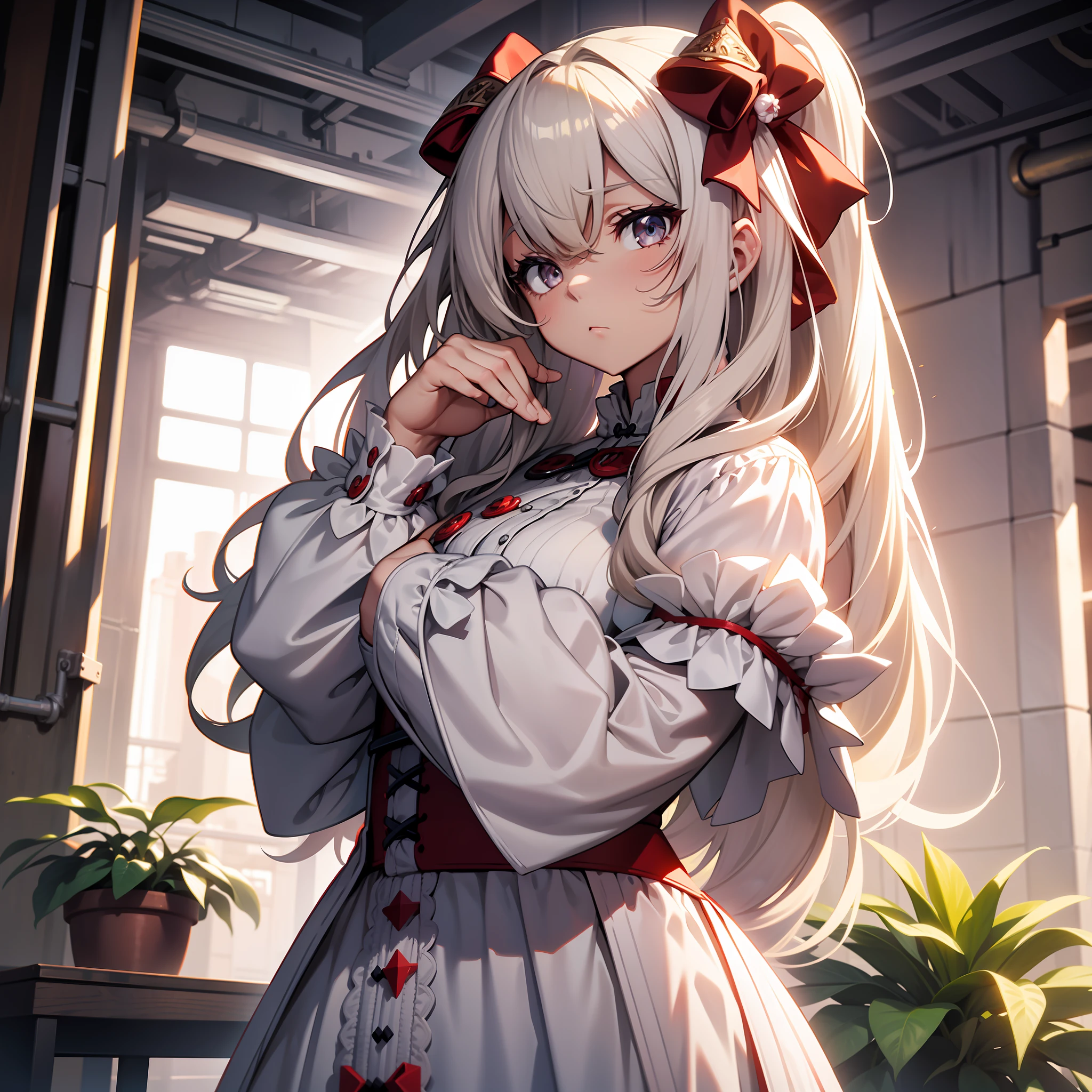 Masterpiece, best quality, 1 girl, solo exhibition, voxel art, nuclear power plant, white girl, ivory hair, crimson eyes, upset, ridiculously long hair, high ponytail, cake dress, slim dress, ribbon, plant hair accessory, pearl, cuffs, classical, medieval, noble, back hand