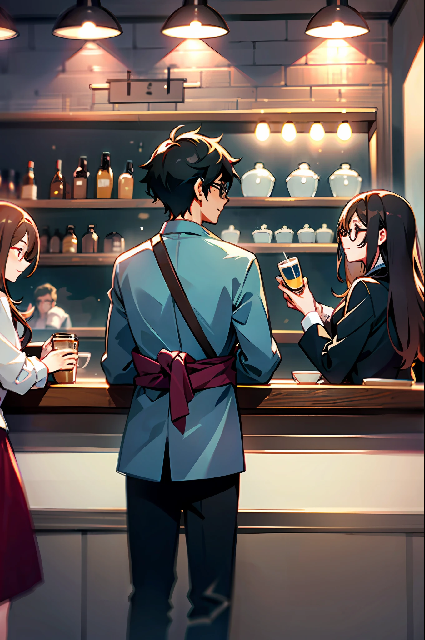 Two women and a man meet in a café, the man is handsome and wears glasses,