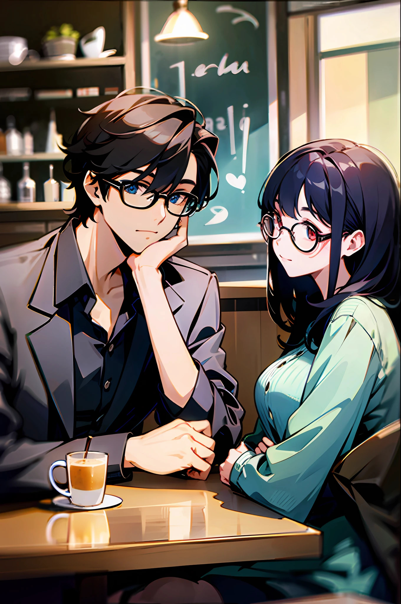 Two women and a man meet in a café, the man is handsome and wears glasses,