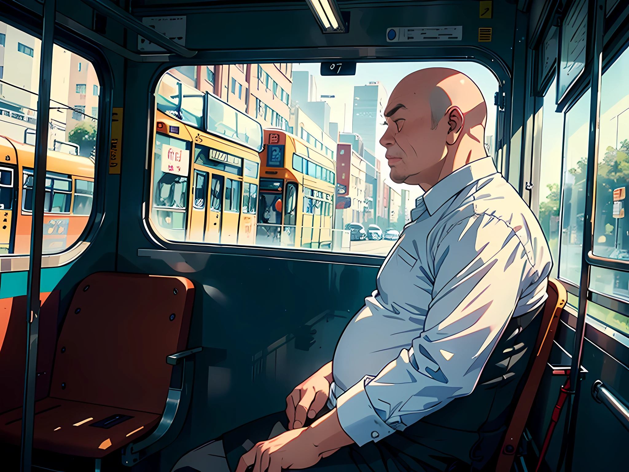 1 man, bald, obese, middle-aged man, white shirt, sitting on the tram, calm expression, looking out the window