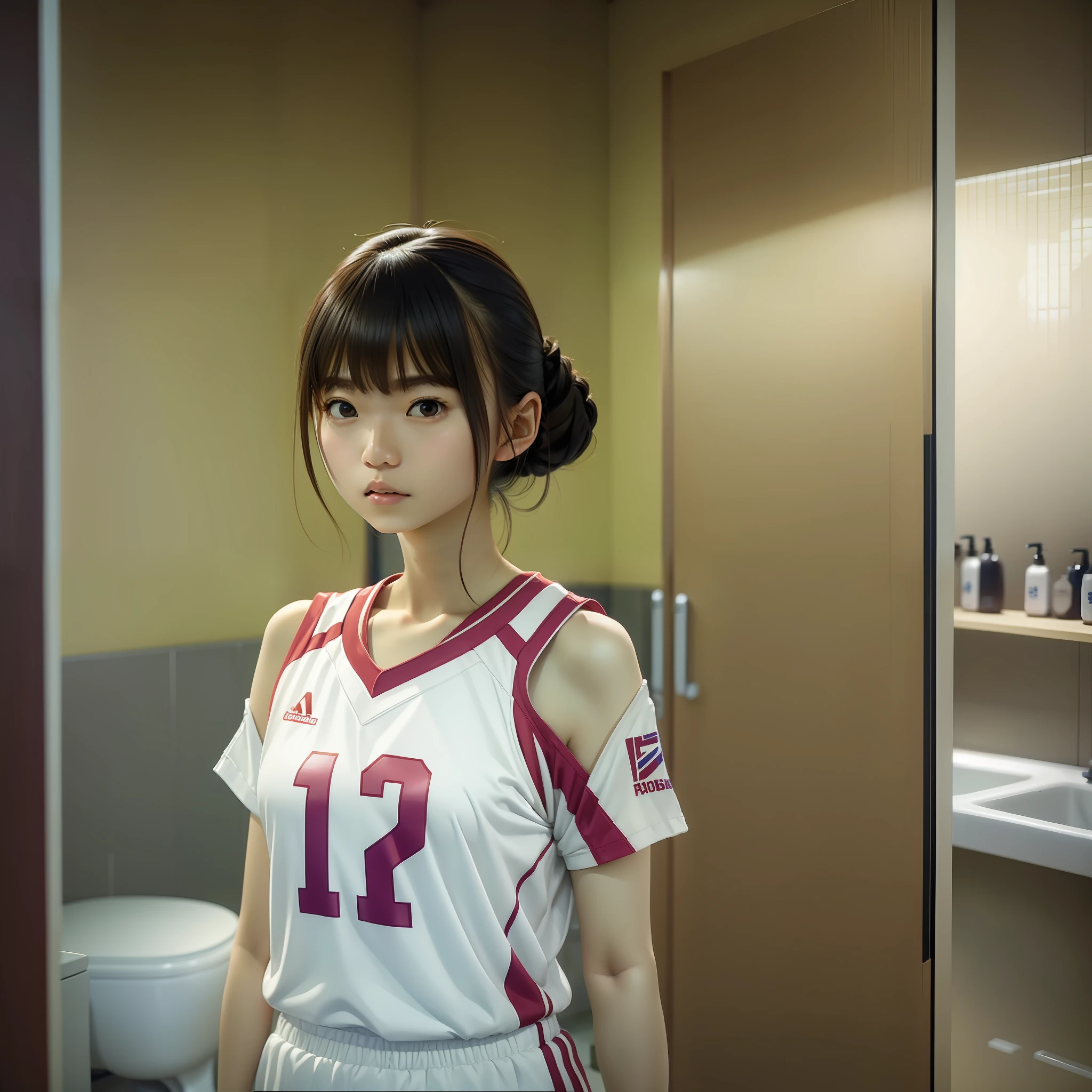 Woman standing in bathroom in white jersey, photo of Tadashi Nakayama, tumblr, Shin hanga, wearing volleyball jersey, wearing basketball jersey, Kim Tae-joon, Yoon Se-sung, Shin Min-jung, Shin Jin-young, Choi Hong-hwa, Kim Hyun-joo