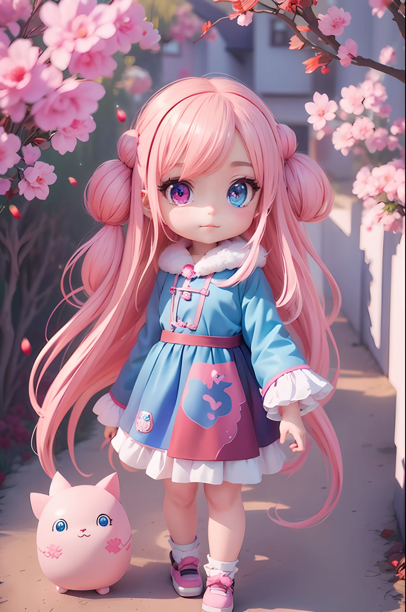 Anime girl with pink hair and blue eyes holding a fan, cute digital art, cute detailed digital art, cute anime outer house wearing beautiful clothes, cute anime girl, cute digital painting, anime style. 8k, cute anime, anime style 4k, cute art style, guvez style artwork, kawaii realistic portrait, anime style digital art, full body, chibi