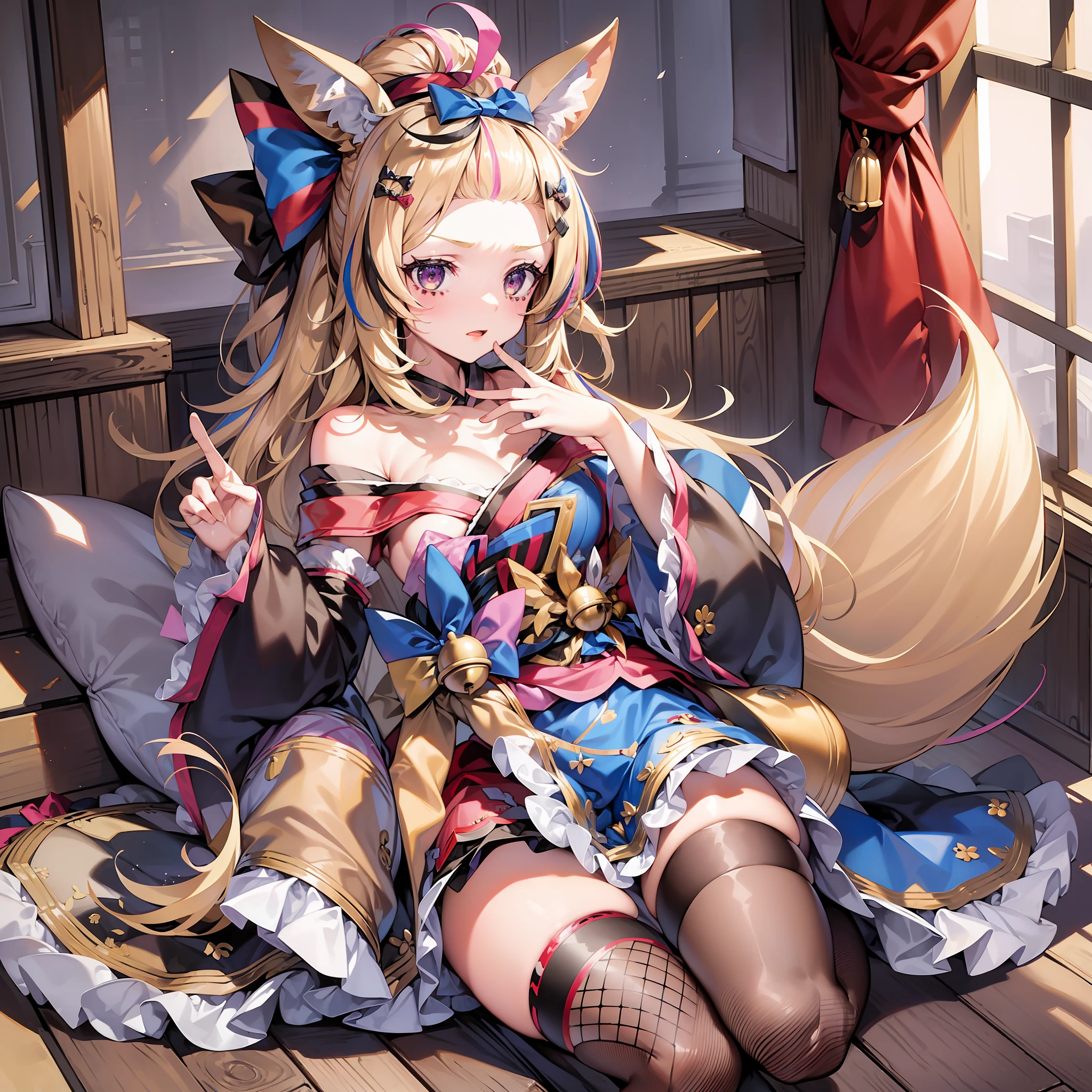 ((Masterpiece)), (Best Quality), Solo, op1, animal ears, hair bow, bangs pinned back, streaked hair, animal ears, fox tail, fishnet thighhighs, japanese clothes, kimono, off shoulder, sash, frills, bell, long sleeves, obi, wide sleeves, forehead, (NSFW:1.2), Full Body