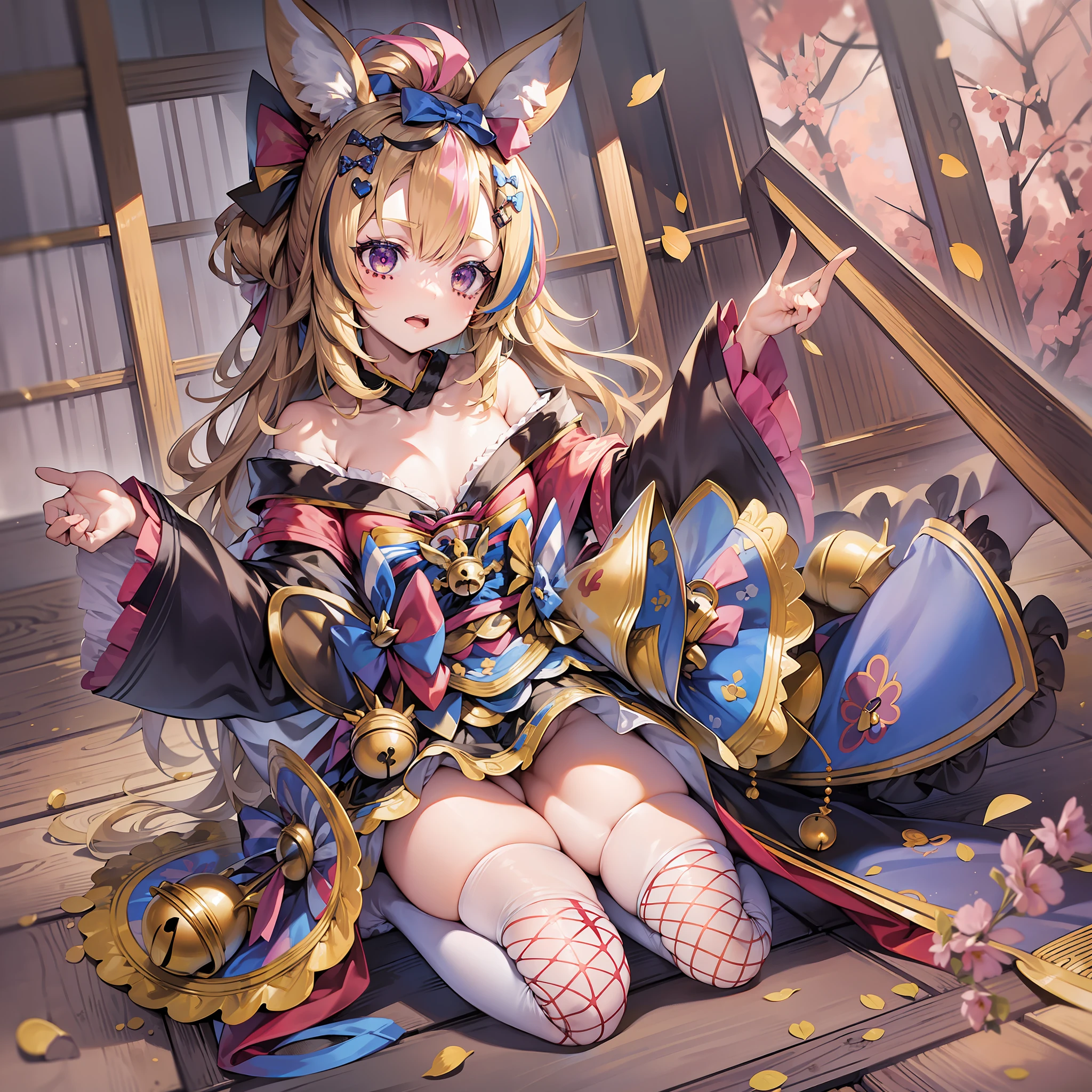 ((Masterpiece)), (Best Quality), Solo, op1, animal ears, hair bow, bangs pinned back, streaked hair, animal ears, fox tail, fishnet thighhighs, japanese clothes, kimono, off shoulder, sash, frills, bell, long sleeves, obi, wide sleeves, forehead, (NSFW:1.2), Full Body