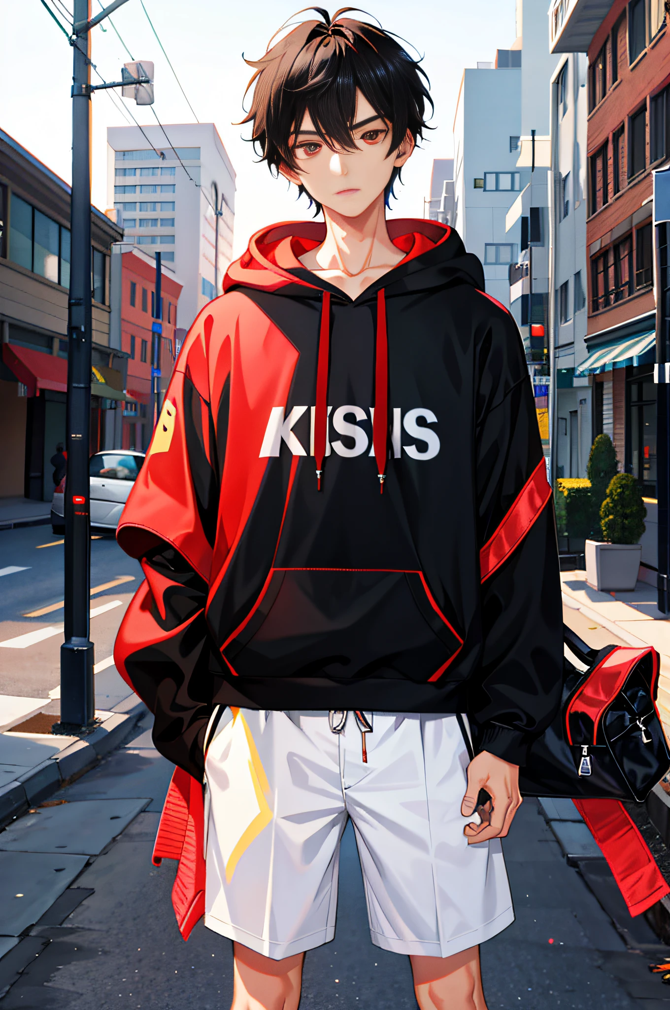 1 boy, handsome boy, black hair, comma hair, forehead comma hair, korean hair, street style, hoodie, white background, shiny, Red eyes, looking at viewer, upper body