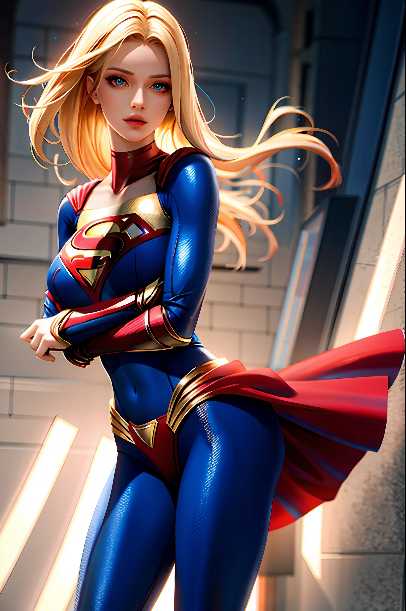 Supergirl nsfw:1.3, masterpiece, best quality, high quality, high definition, high quality texture, high quality shadow, high detail, beautiful detailed, finely detailed, extremely detailed cg, detailed texture, a realistic representation of the face, realistic, colorful, delicate, cinematic light, side lighting, Lens Flare, Ray tracing, sharp focus, (1girl, __focus__:1.3), (complex details, makeup, PureErosFace_V1:0.5),  (detailed gorgeous and delicate face, detailed gorgeous and delicate eyes, a perfect face proportion, highly detailed skin, detailed skin, best ratio four fingers and a thumb, arms under chest, large medium breasts, wide hips, flat belly, slim and thin, __fashion__, __hair__: 1.3), __location__, no hands, no more hands, no lost fingers, superman symbol S,  blonde.