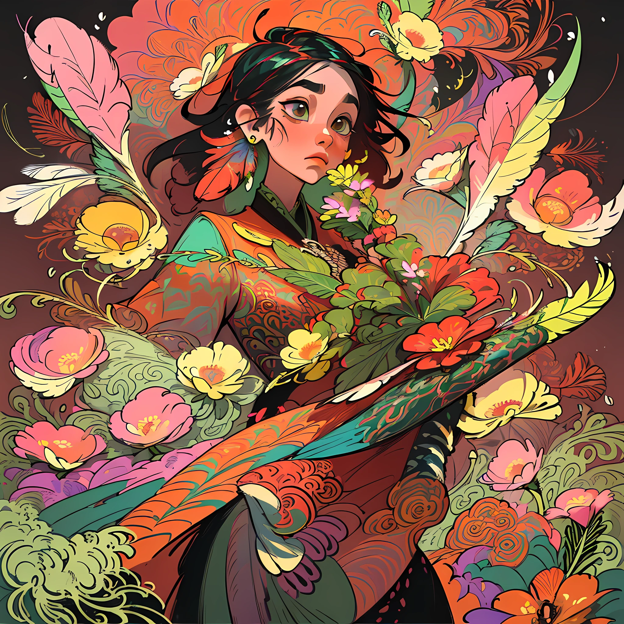 (masterpiece, top quality, best quality, official art, beautiful and aesthetic:1.2), (1girl:1.3), extremely detailed,(fractal art:1.1),(colorful:1.1)(flowers:1.3),highest detailed,(zentangle:1.2), (dynamic pose), (abstract background:1.3), (shiny skin), (many colors:1.4), ,(earrings), (feathers:1.5) , (Flamethrower:1.3),red background,Phoenix dress,