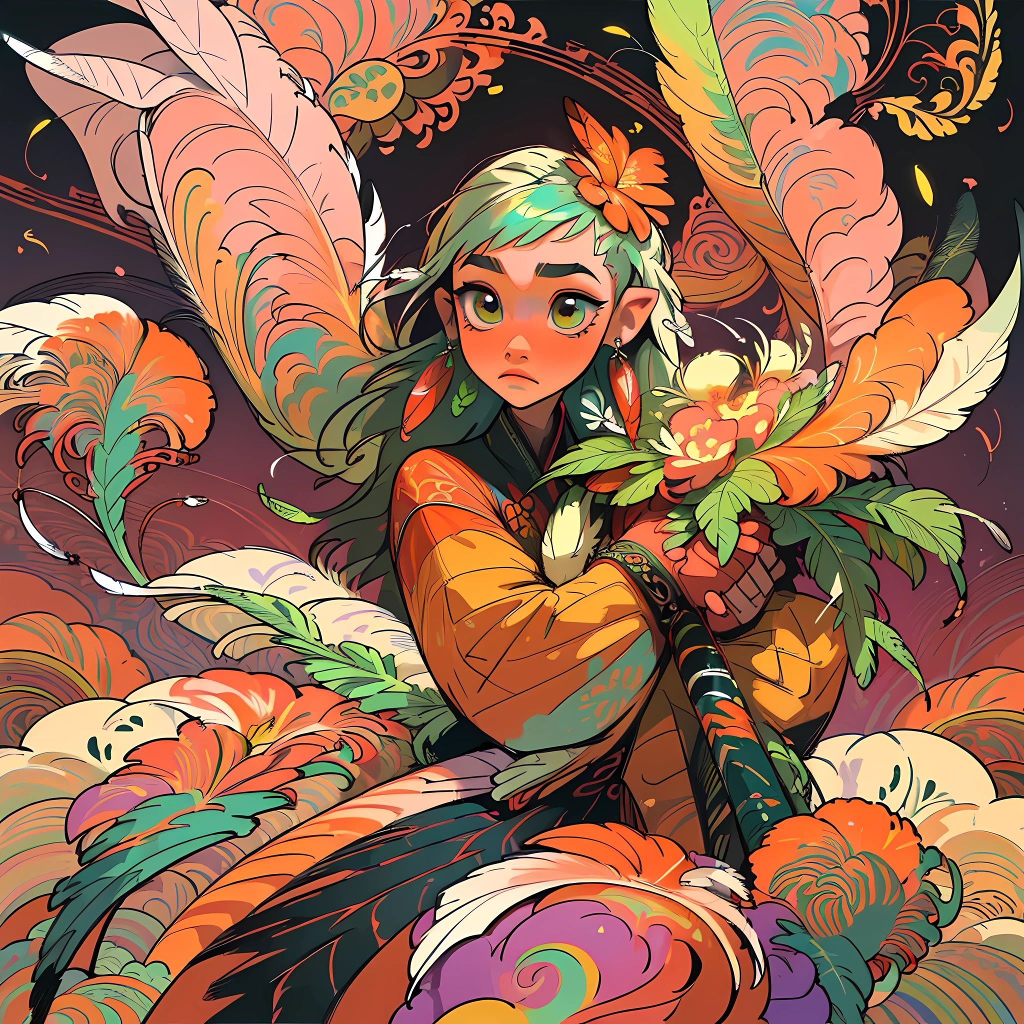 (masterpiece, top quality, best quality, official art, beautiful and aesthetic:1.2), (1girl:1.3), extremely detailed,(fractal art:1.1),(colorful:1.1)(flowers:1.3),highest detailed,(zentangle:1.2), (dynamic pose), (abstract background:1.3), (shiny skin), (many colors:1.4), ,(earrings), (feathers:1.5) , (Flamethrower:1.3),red background,Phoenix dress,