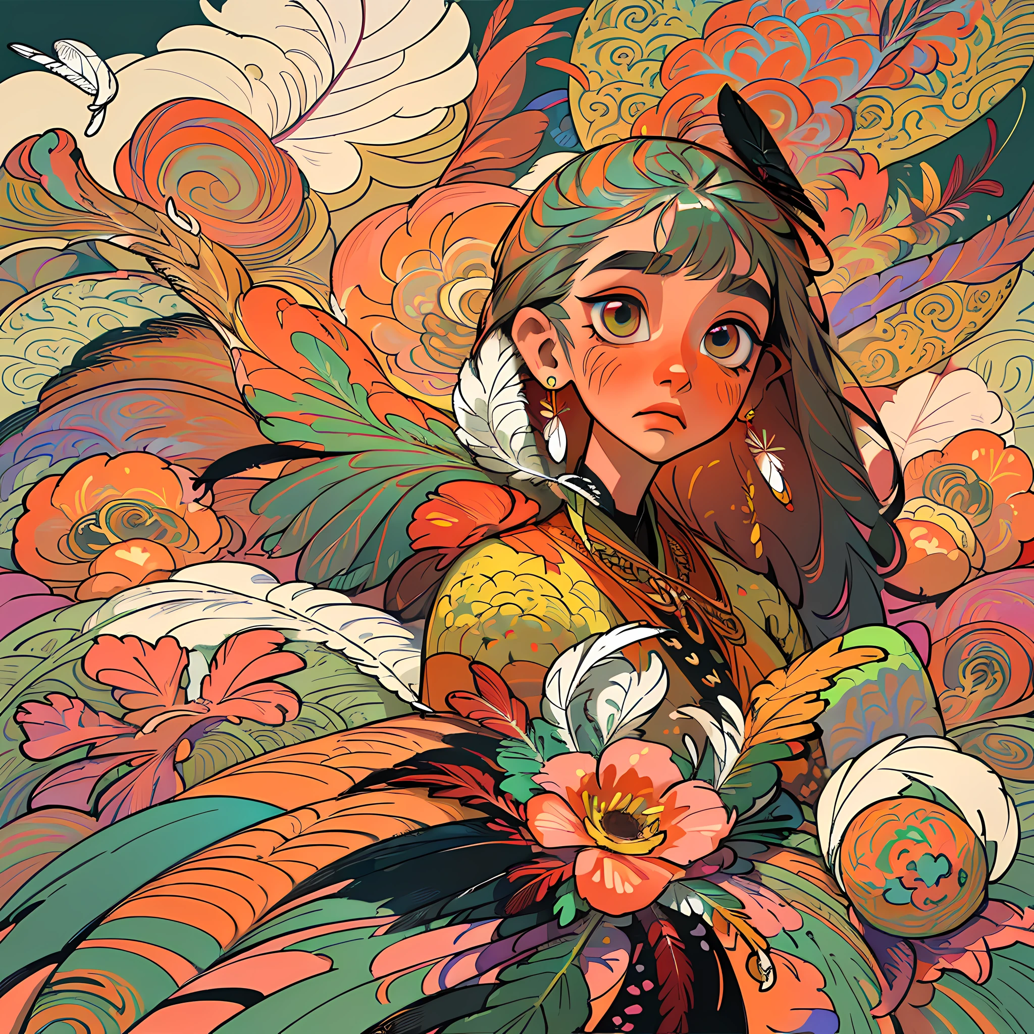 (masterpiece, top quality, best quality, official art, beautiful and aesthetic:1.2), (1girl:1.3), extremely detailed,(fractal art:1.1),(colorful:1.1)(flowers:1.3),highest detailed,(zentangle:1.2), (dynamic pose), (abstract background:1.3), (shiny skin), (many colors:1.4), ,(earrings), (feathers:1.5) , (Flamethrower:1.3),red background,Phoenix dress,