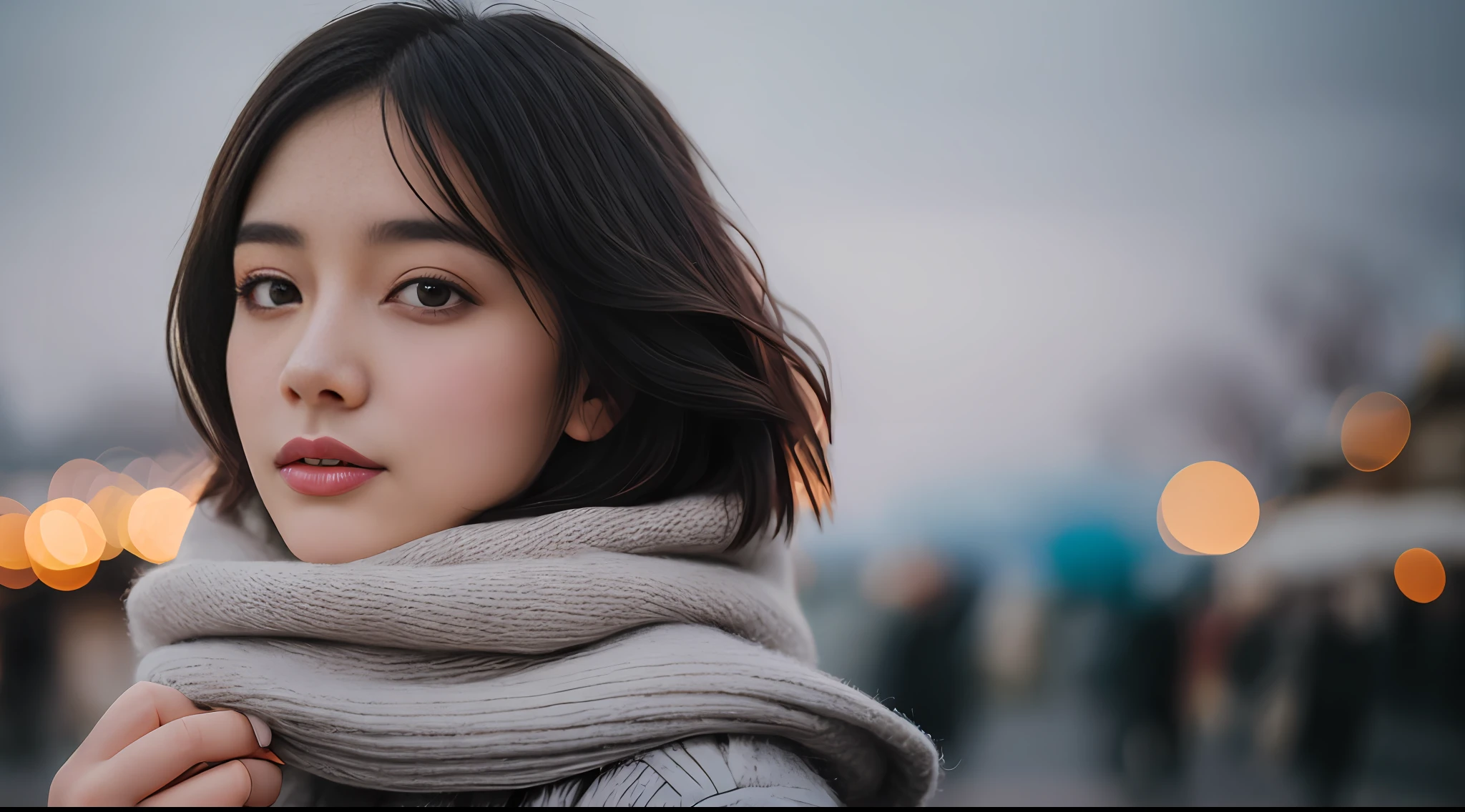 Stunning close-up portrait of a young and beautiful woman with RAW, analog style and impressive features. She should have long, flowing hair, a seductive gaze, and an attractive look. The background is neutral and simple, allowing the woman to be the focal point of the image. Pay attention to details, such as highlights and shadows on her face and hair, to create realistic and realistic images. Experiment with different lighting techniques to enhance the mood and atmosphere of your portrait. The final product should be a masterpiece that captures the essence and beauty of a woman ((very detailed skin, skin details)), Sharp Focus, Volumetric Fog, 8K, UHD, DSLR, High Quality, Film Grain, Fujifilm XT3, Long Sleeve Dress, Wool Dress, Dark Blue Floret Dress, Wearing a Woolen Coat, Short-Cut Hair, Tousled Hair, wind, winter amusement park, winter, cold look, dusk, warm colored lights, illumination, crowded, dark, lonely, alone