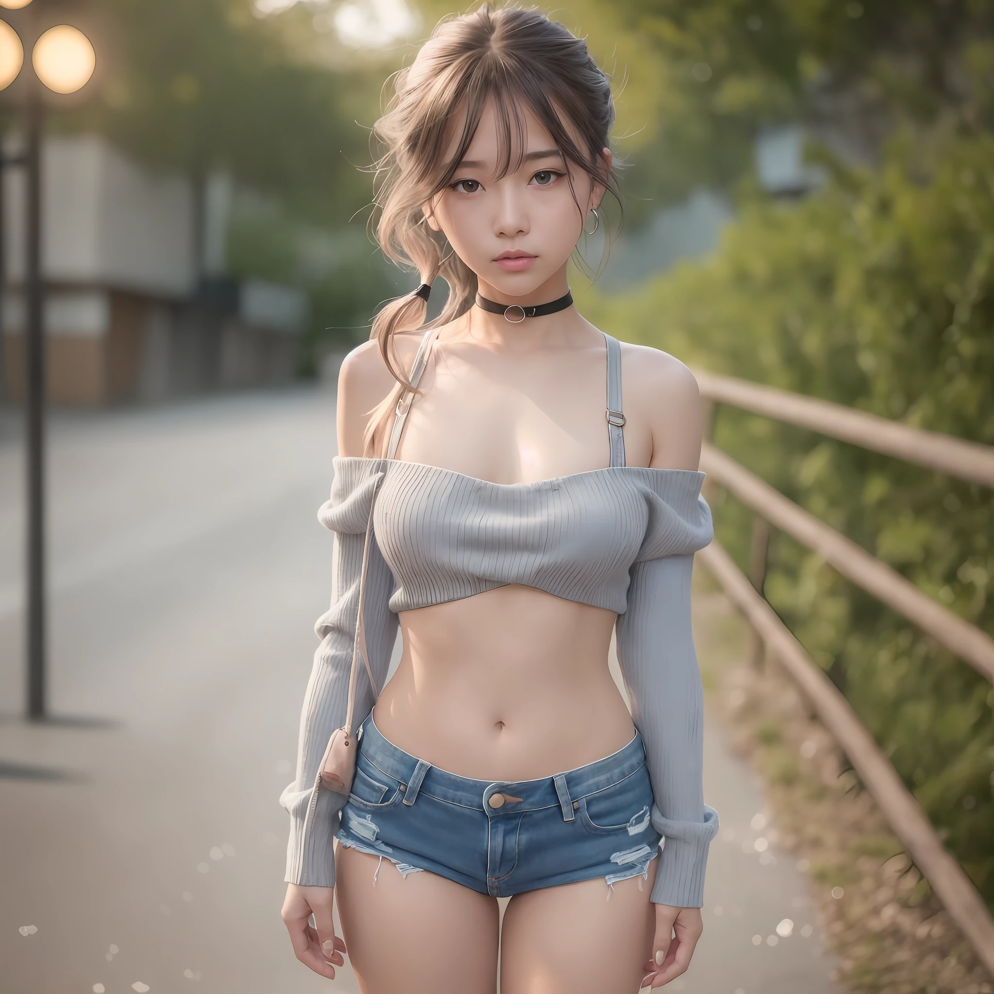 NSFW, (8k, RAW photo:1.2),1 girl, gray hair, best quality, ultra high res, cinematic lighting, motion blur, (photorealistic: 1.4), POV,(solo:1.1), (looking at viewer:1,331),(split lips:1.1), (eyelashes:1.1), (happy:1.21), (depth of field:1.1), flare lens, (chromatic aberration:1.1), (caustic:1.1), (scattered luminous petals:1,331), ulzzang-6500-v1.1:1.2, large sweater, (short denim), in the water, off the shoulder, crop top, short jeans, tying hair in a ponytail, touch head, silver hair, bubble butt, showing, thigh stockings, lace, ((straps)), ((naked: 1.2)), choker, earring, showing butt, empty shoulder, backpack, (random color) --auto --s2