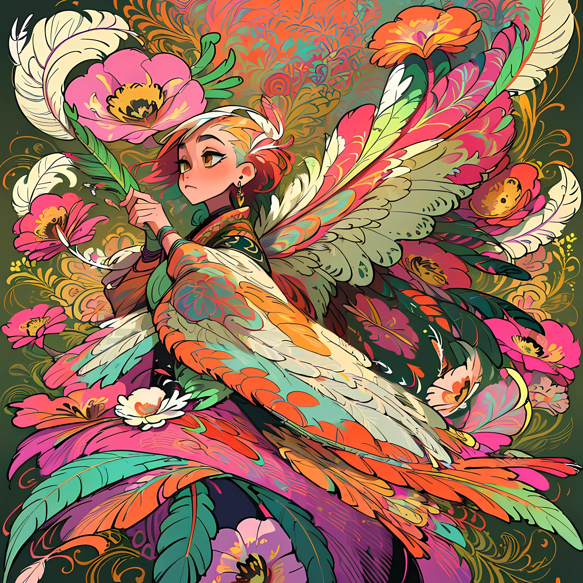 (masterpiece, top quality, best quality, official art, beautiful and aesthetic:1.2), (1girl:1.3), extremely detailed,(fractal art:1.1),(colorful:1.1)(flowers:1.3),highest detailed,(zentangle:1.2), (dynamic pose), (abstract background:1.3), (shiny skin), (many colors:1.4), ,(earrings), (feathers:1.5) , (Flamethrower:1.3),red background,Phoenix dress,