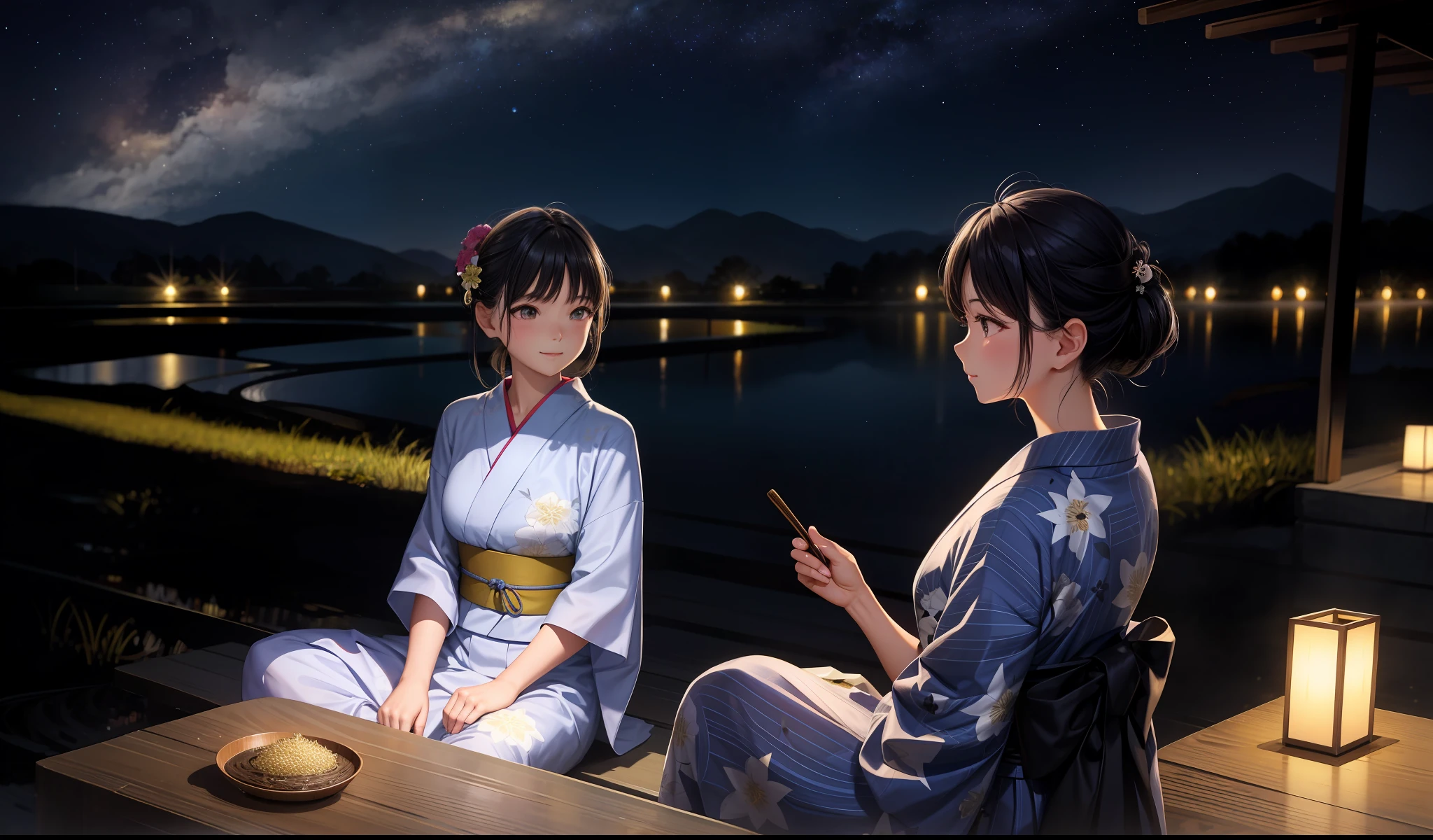 beauty, 25 years old, country road, rice field, yukata, night, starry sky,